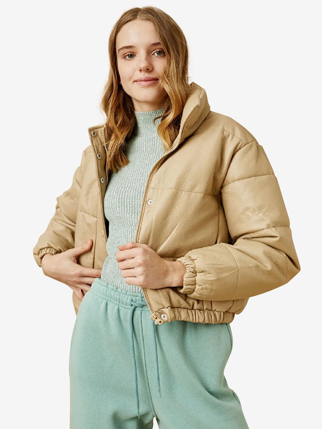Cozy Zip Up Faux Leather Puffer Jacket