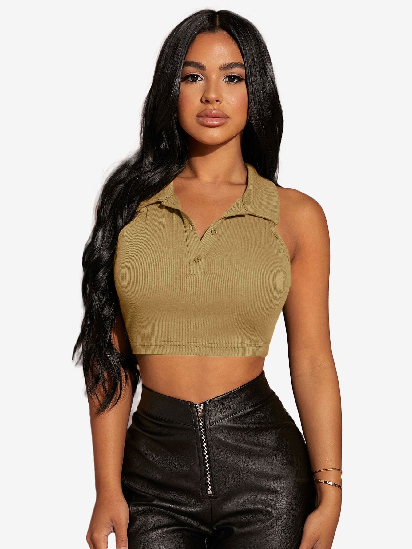 Button Half Placket Ribbed Tank Top