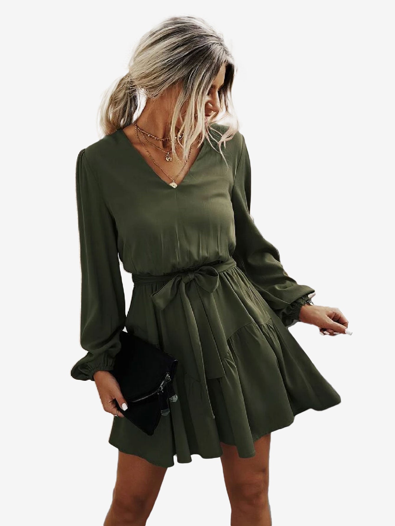 Charming V-Neck Lantern Sleeve Belted Dress