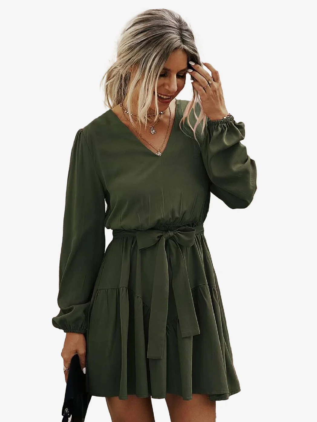 Charming V-Neck Lantern Sleeve Belted Dress