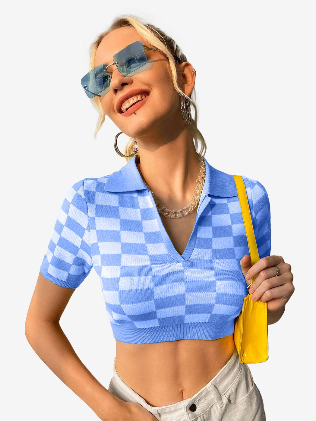 Color Block Knitted Polo Top Plaid