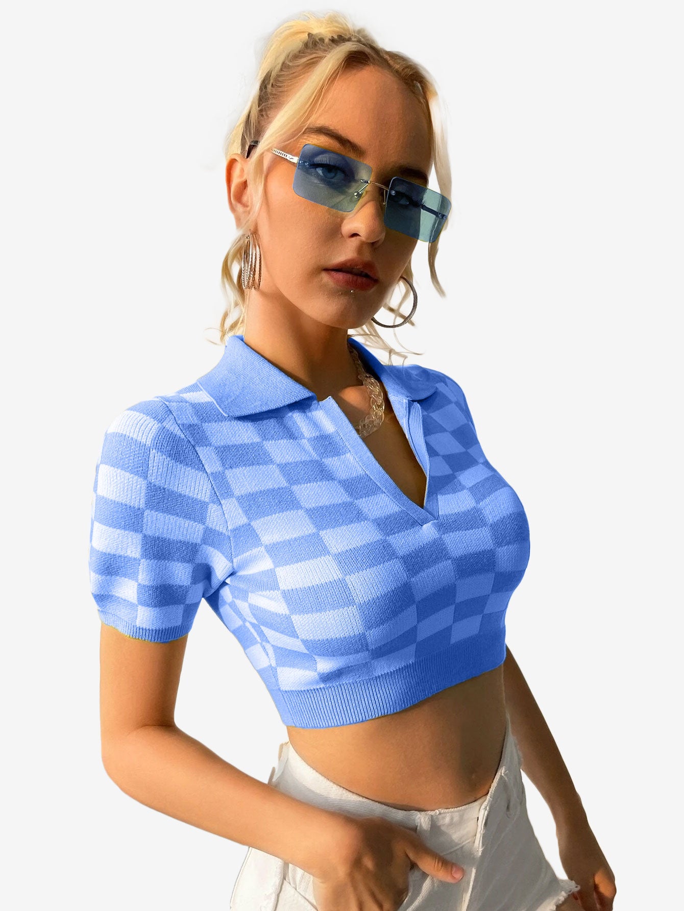 Color Block Knitted Polo Top Plaid