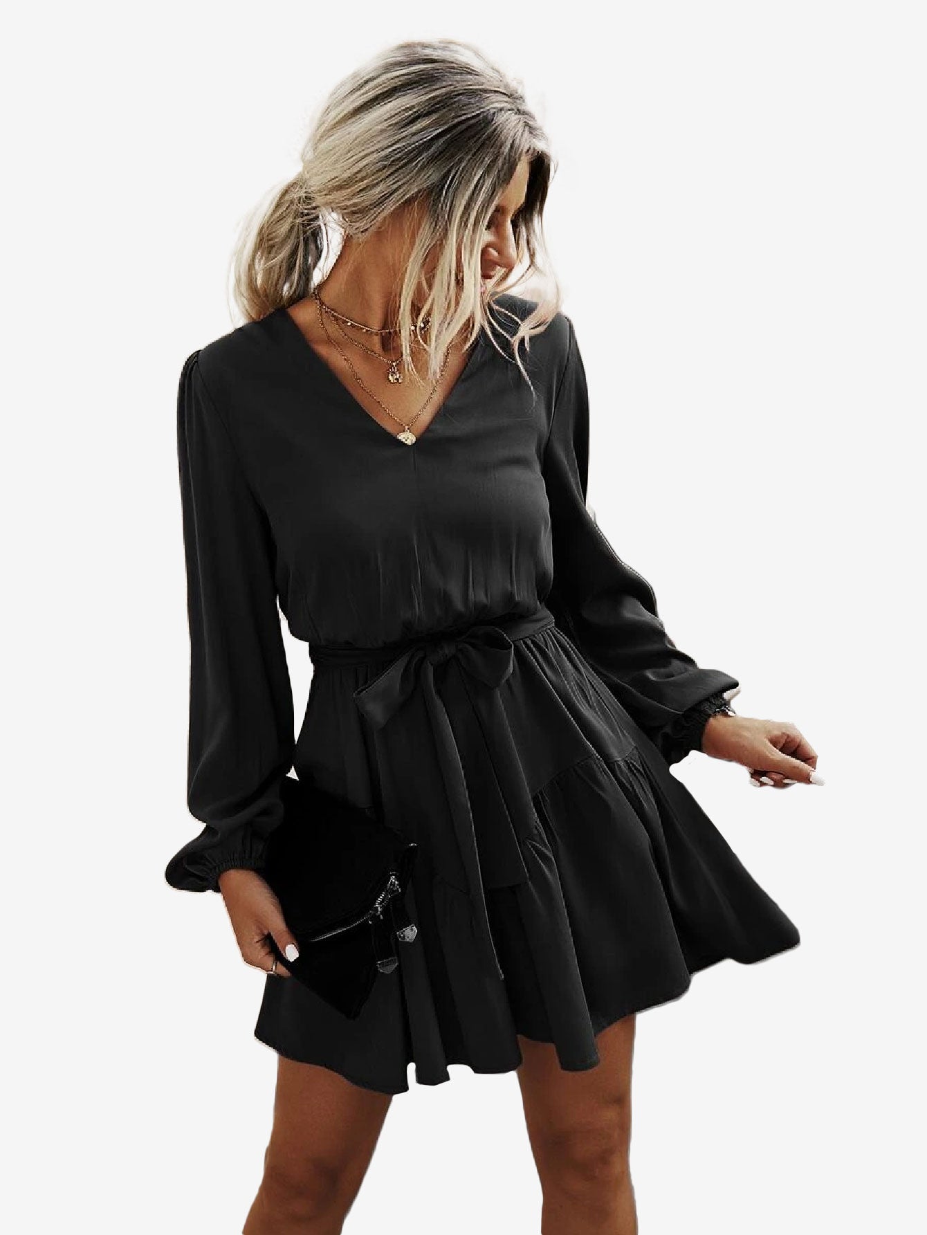 Charming V-Neck Lantern Sleeve Belted Dress