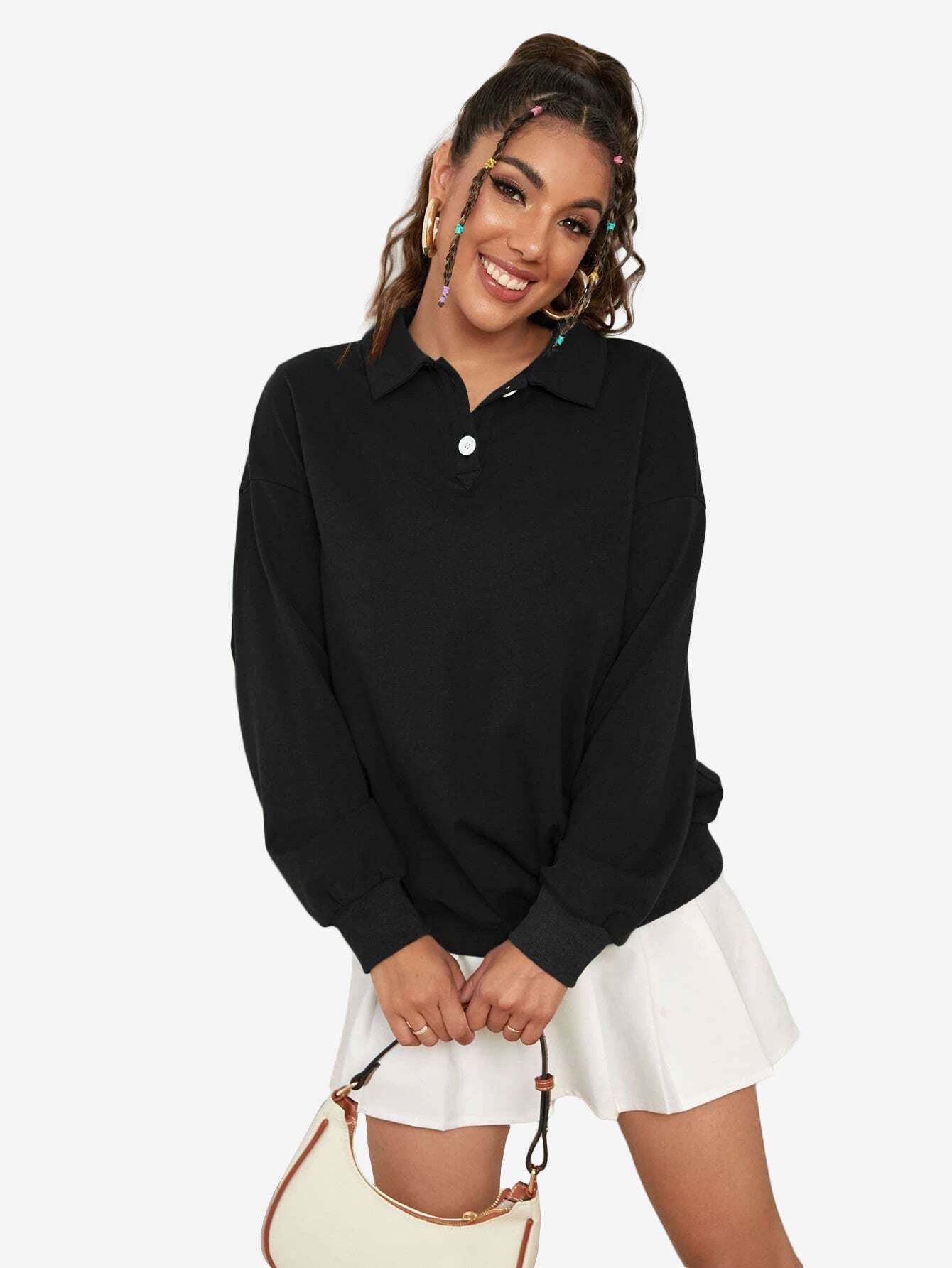 Collar Sweatshirt Long Sleeve Polo Two Buttons