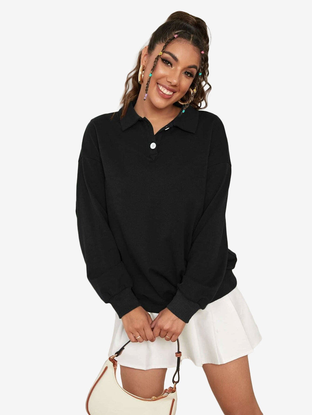 Collar Sweatshirt Long Sleeve Polo Two Buttons
