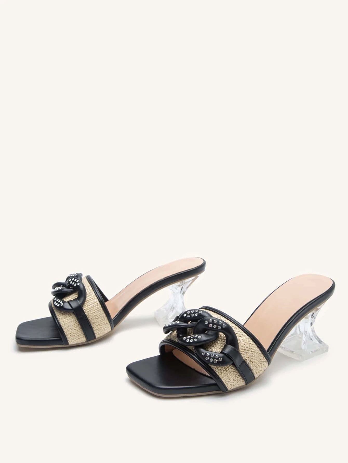 Chain Decor Pyramid Heeled Sandal Mules