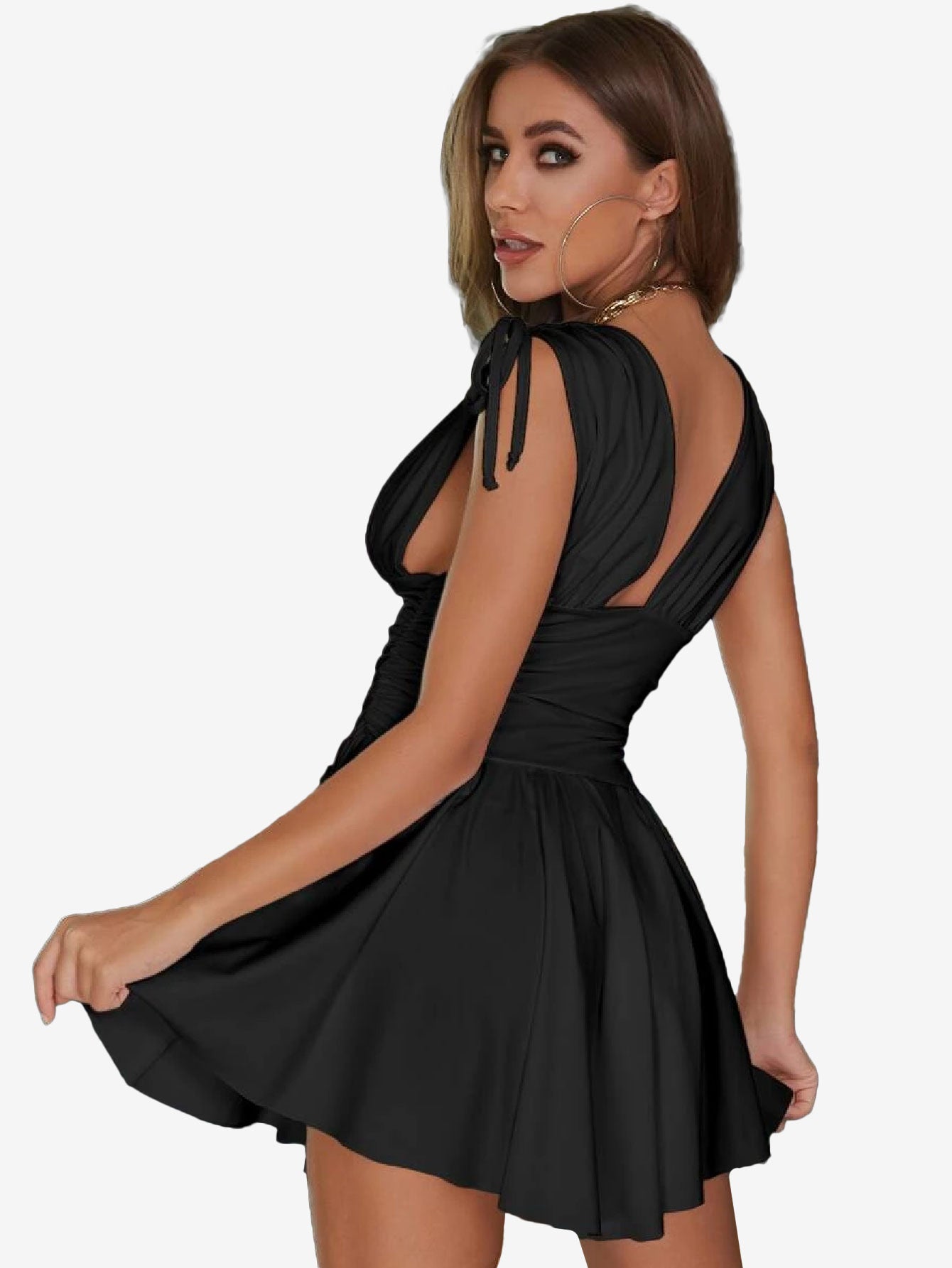 Exquisite Plunging Neck Knot Shoulder Skater Dress