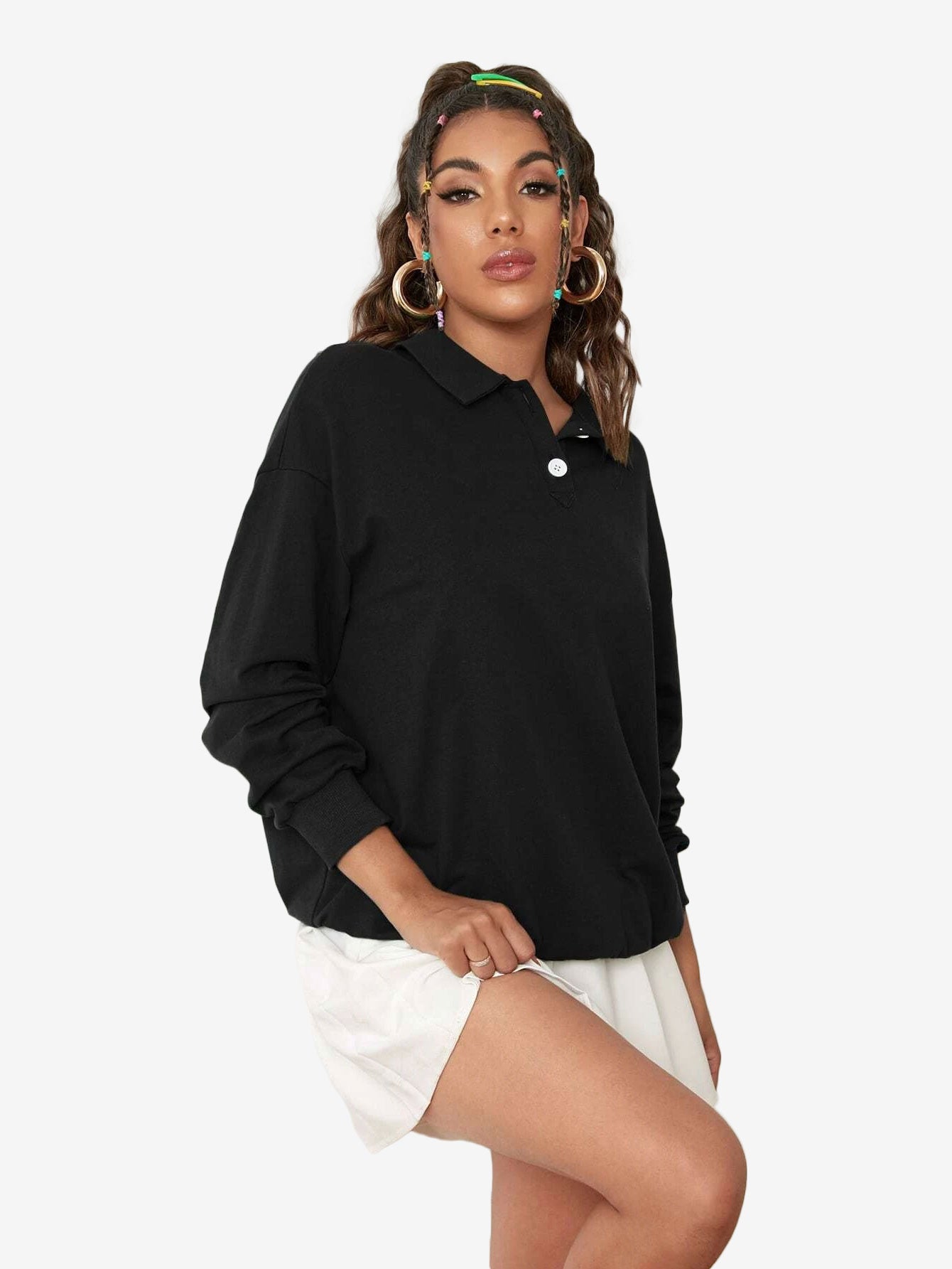 Collar Sweatshirt Long Sleeve Polo Two Buttons