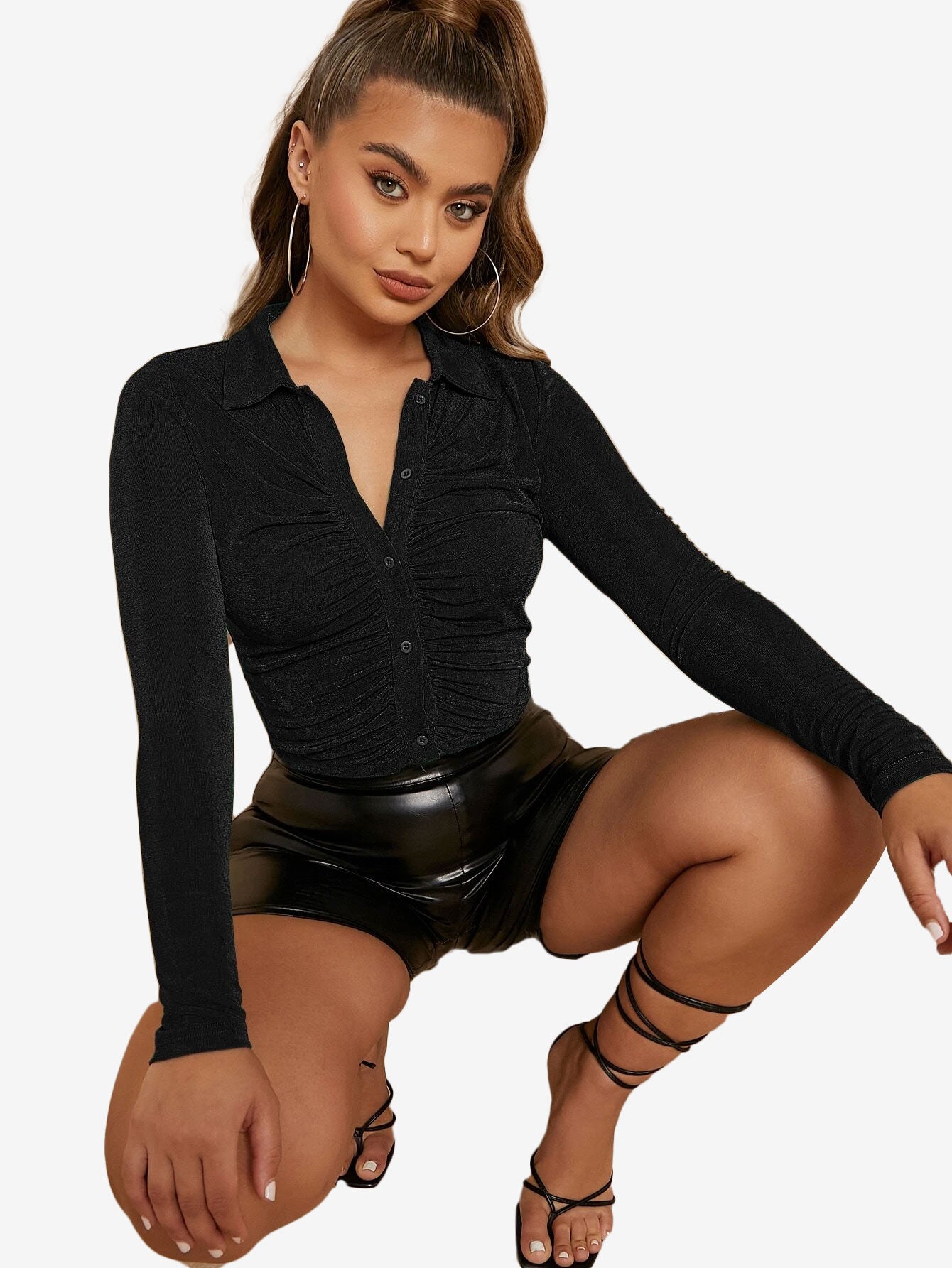 Arouse Single Breasted Ruched Front Glitter Tee