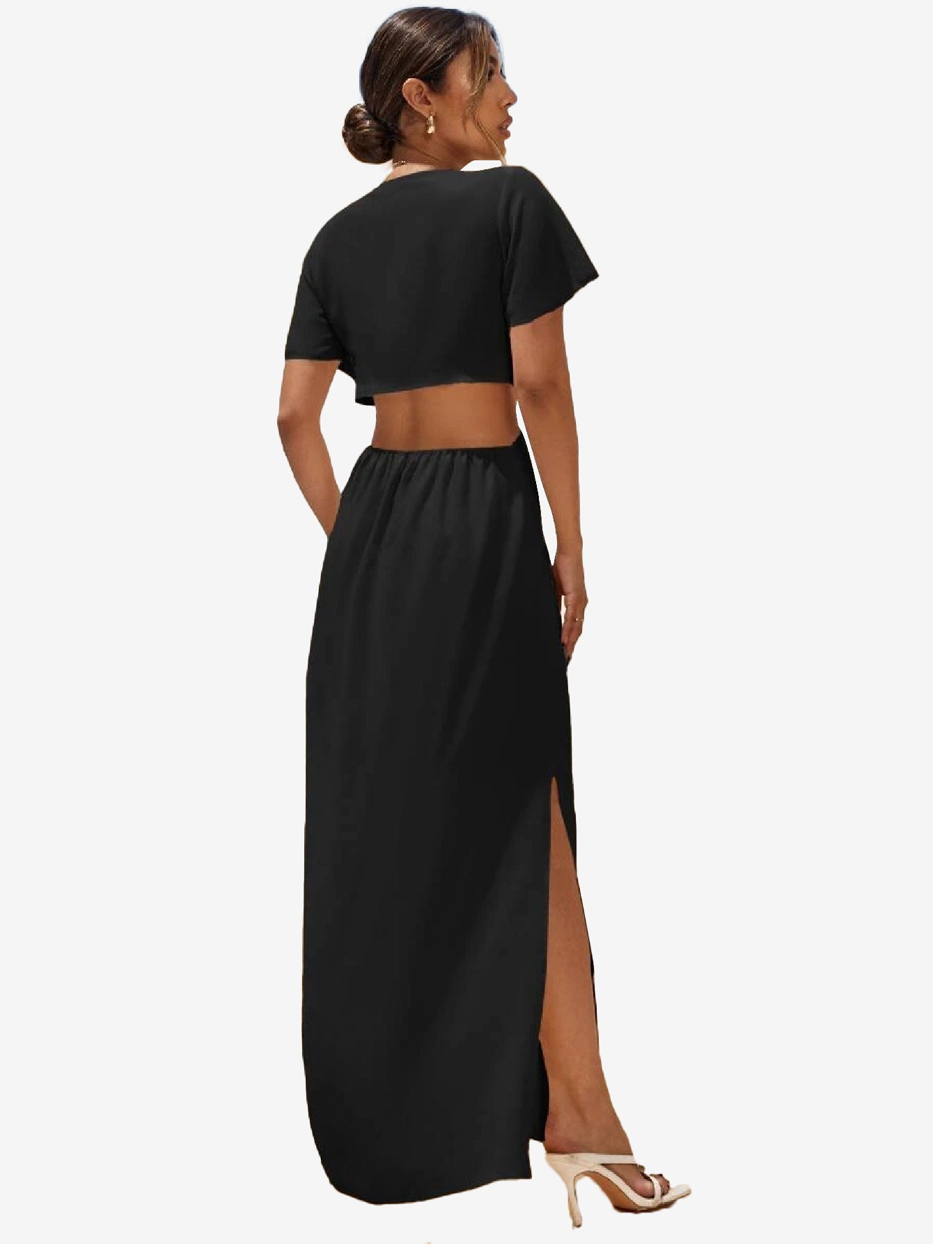 Cut Out Waist Tie Front Slit Hem Dress