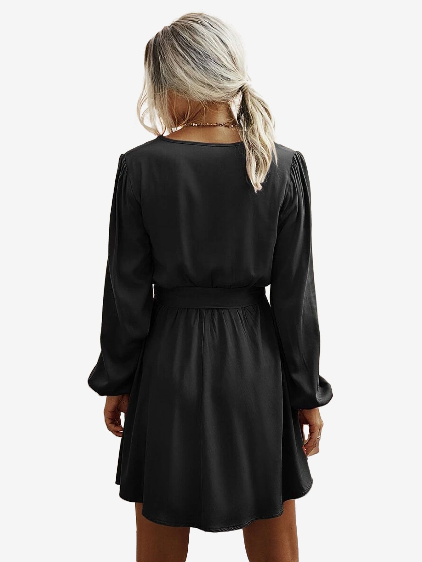 Charming V-Neck Lantern Sleeve Belted Dress