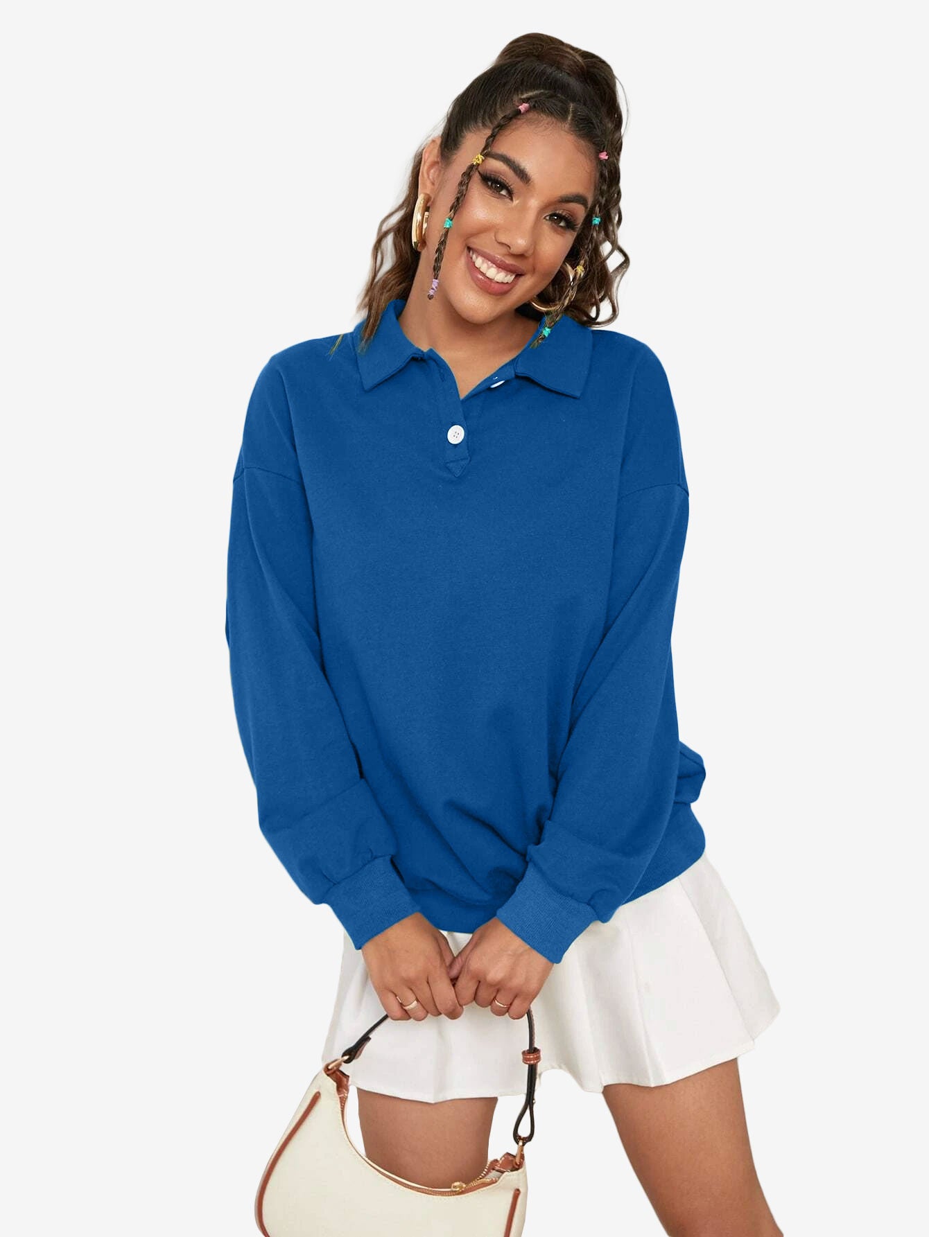Collar Sweatshirt Long Sleeve Polo Two Buttons