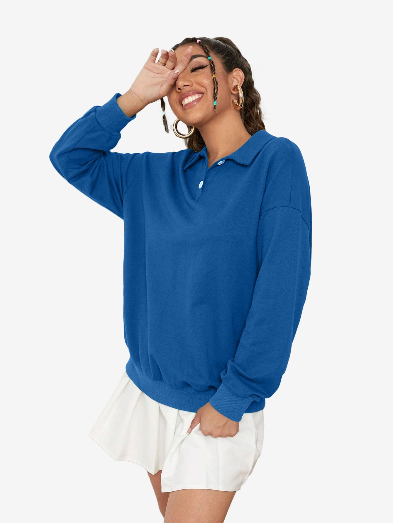 Collar Sweatshirt Long Sleeve Polo Two Buttons