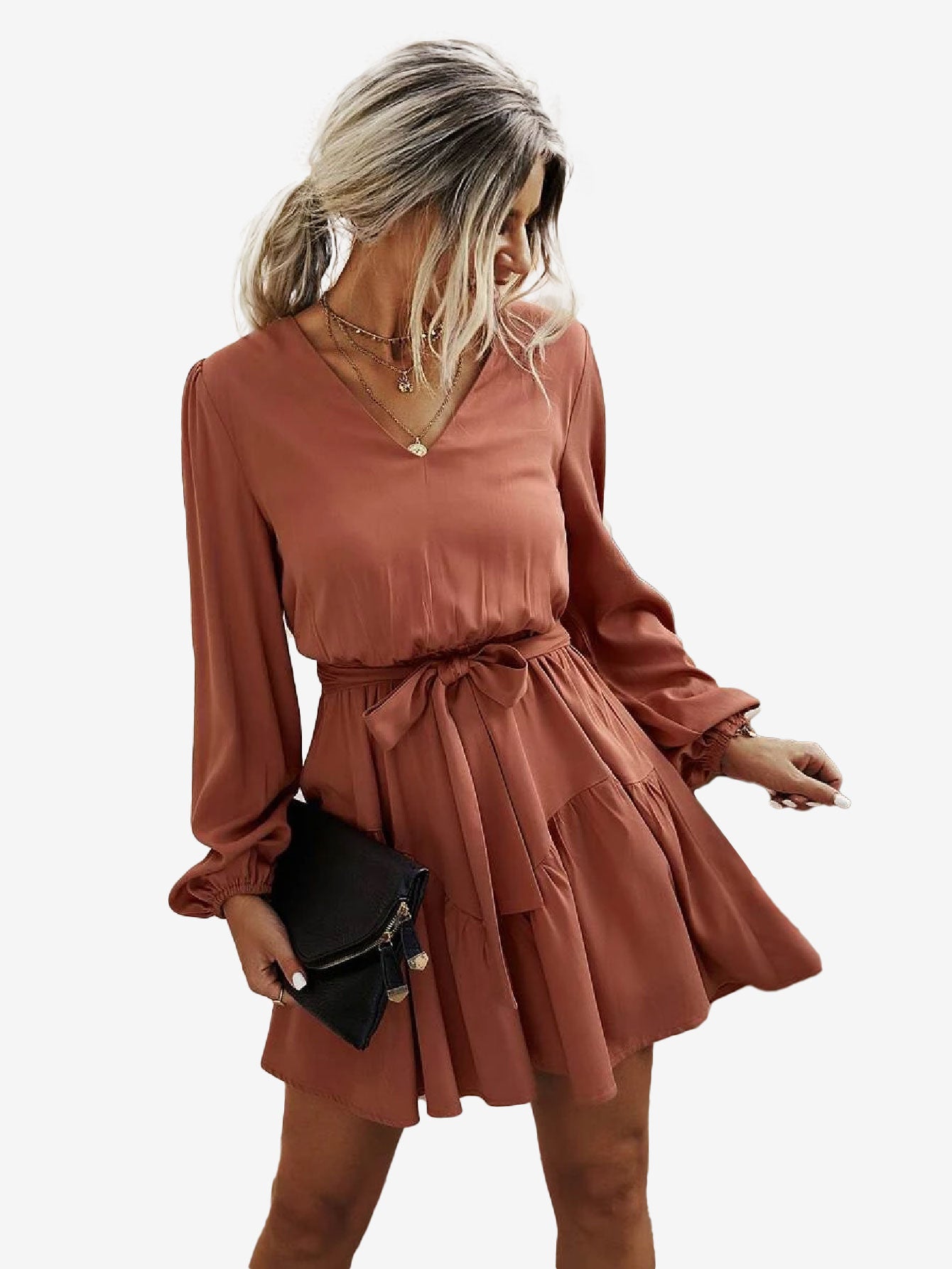 Charming V-Neck Lantern Sleeve Belted Dress