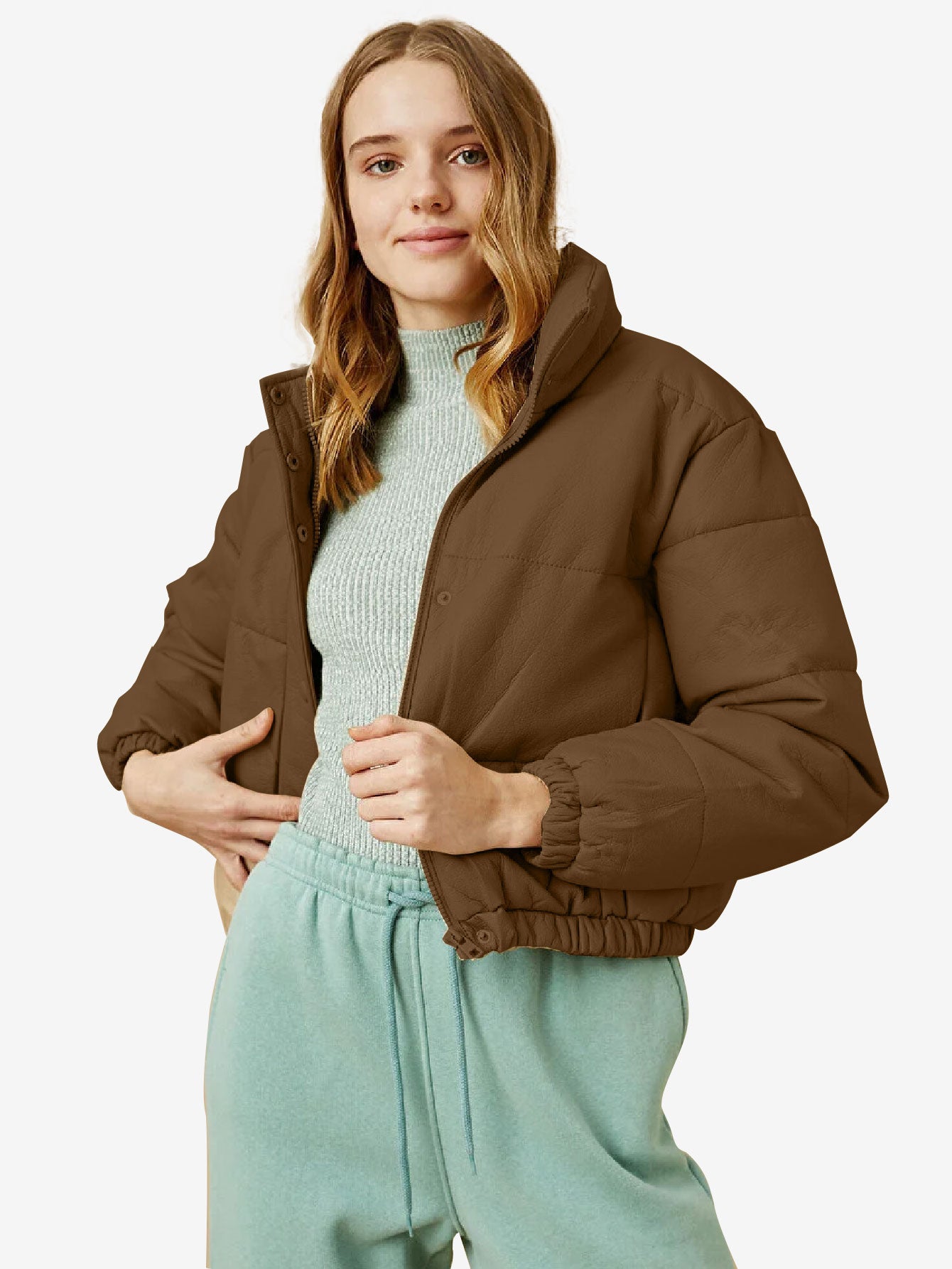 Cozy Zip Up Faux Leather Puffer Jacket