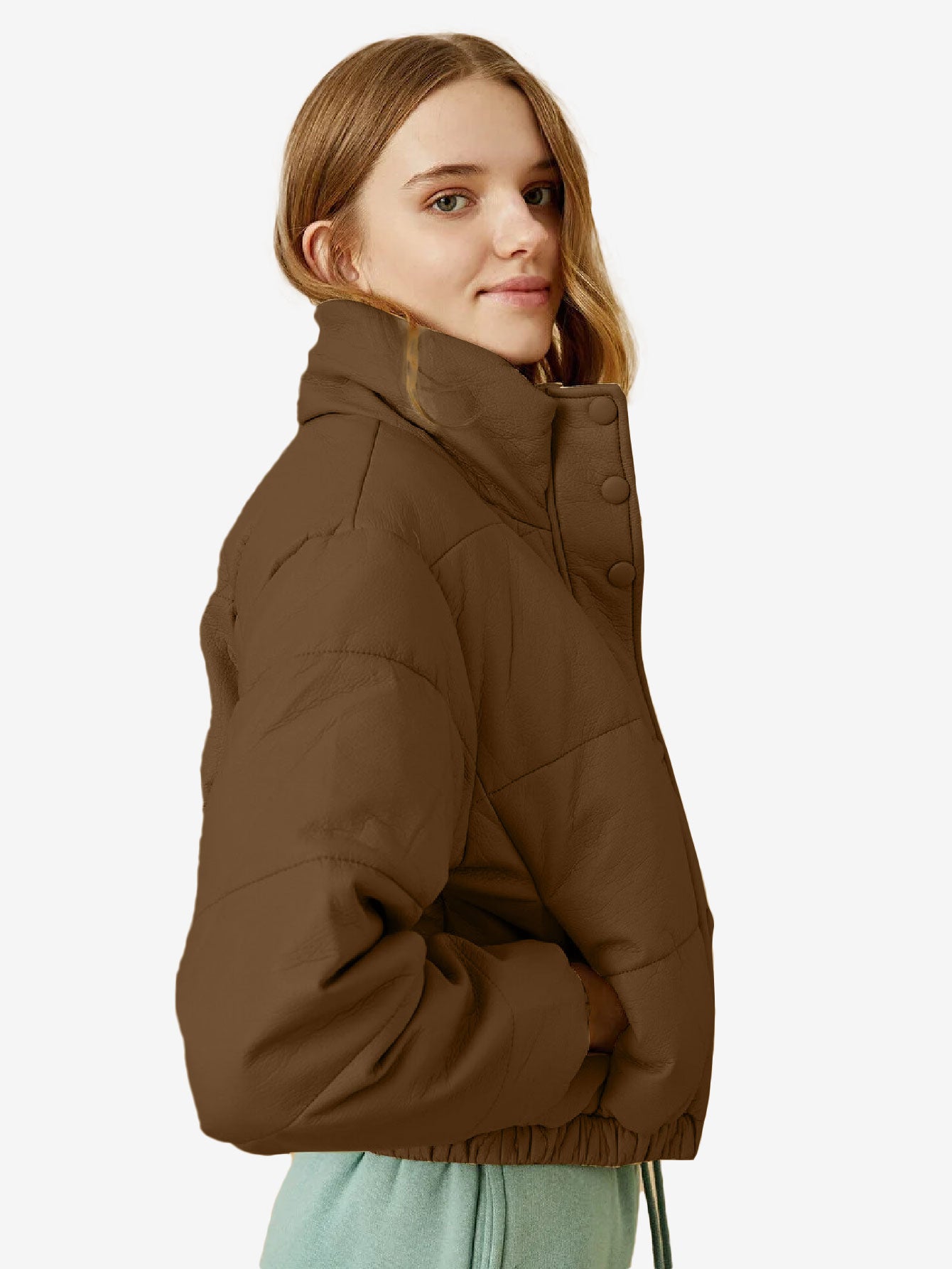Cozy Zip Up Faux Leather Puffer Jacket