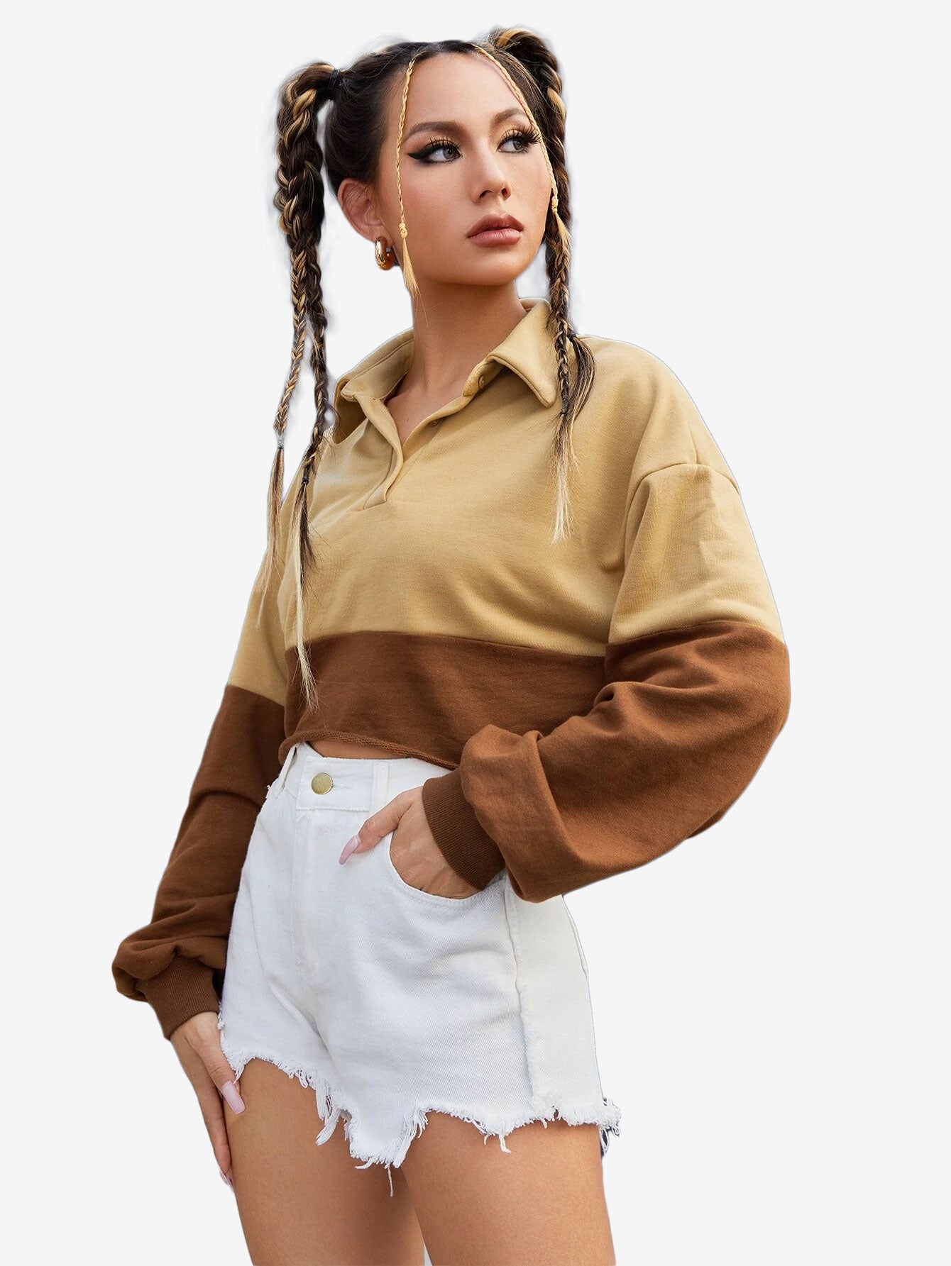 Color Block Sportswear Rough Front Button Crop Sweatshirt