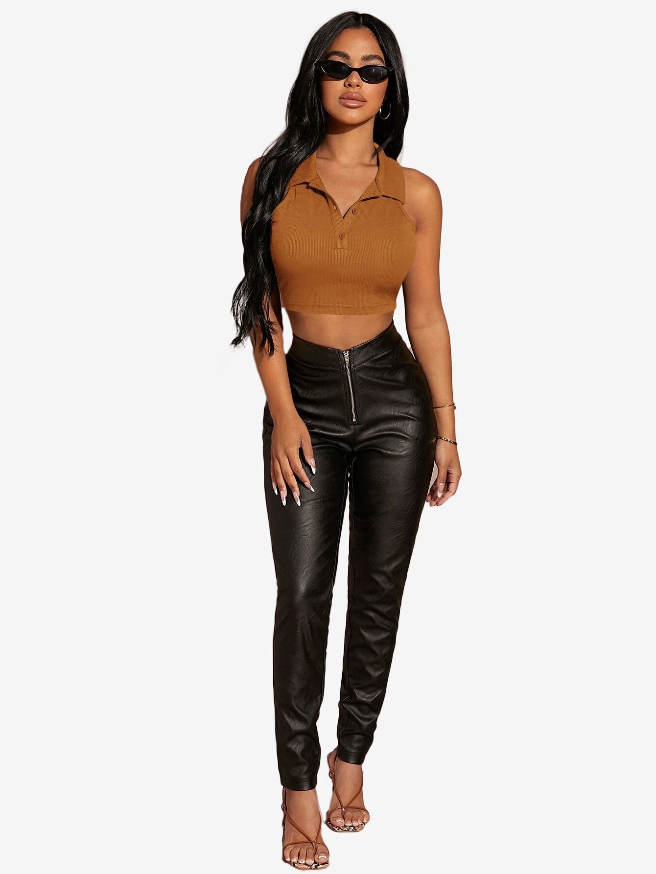 Button Half Placket Ribbed Tank Top