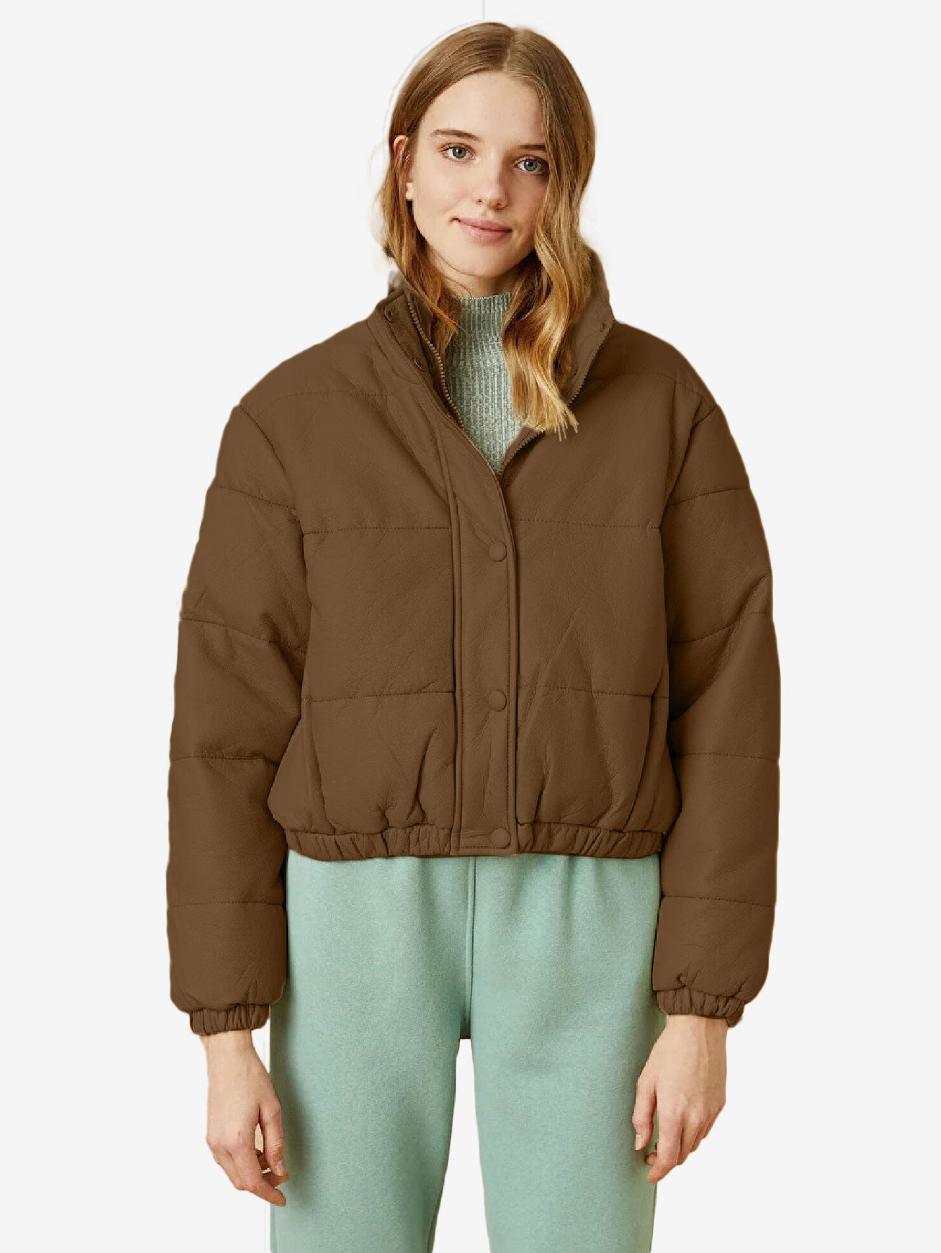 Cozy Zip Up Faux Leather Puffer Jacket