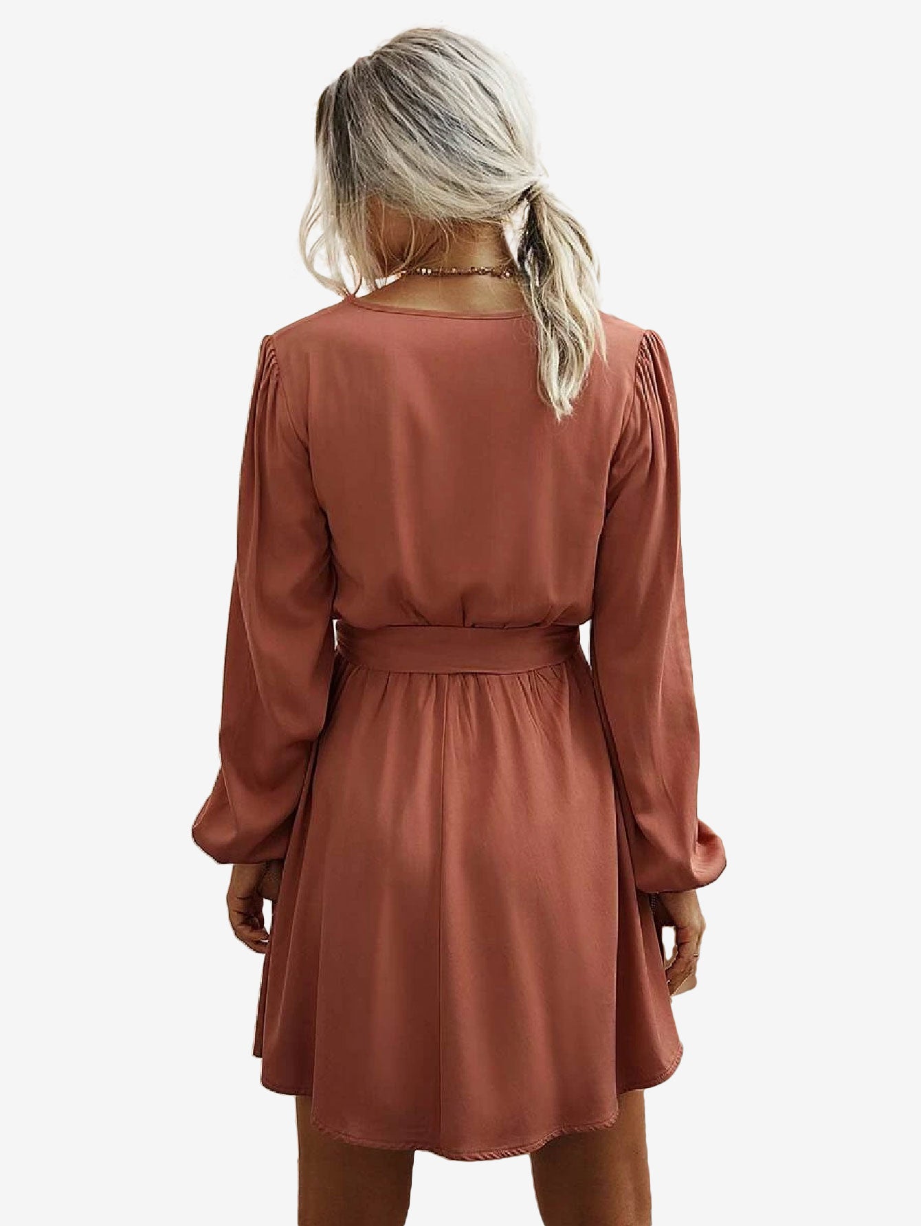 Charming V-Neck Lantern Sleeve Belted Dress