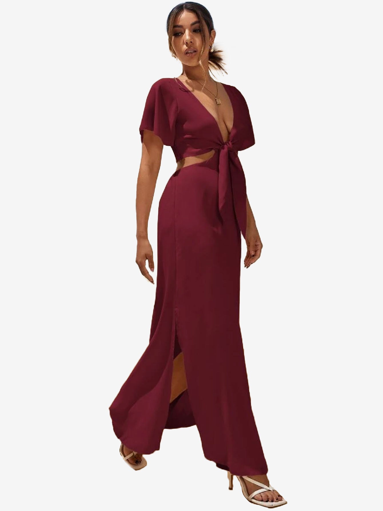 Cut Out Waist Tie Front Slit Hem Dress