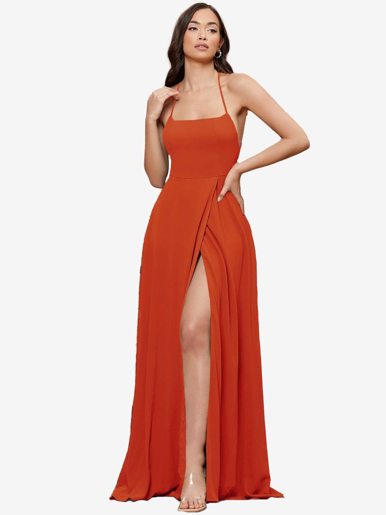 Crisscross Backless Split Thigh Cami Dress