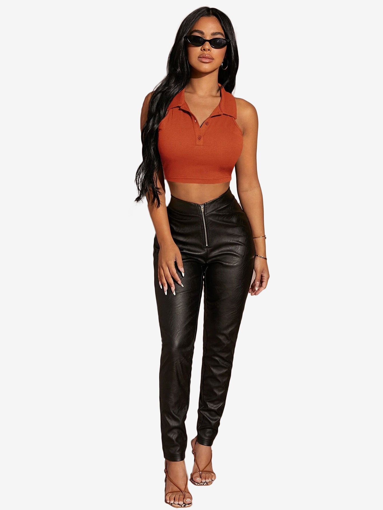 Button Half Placket Ribbed Tank Top