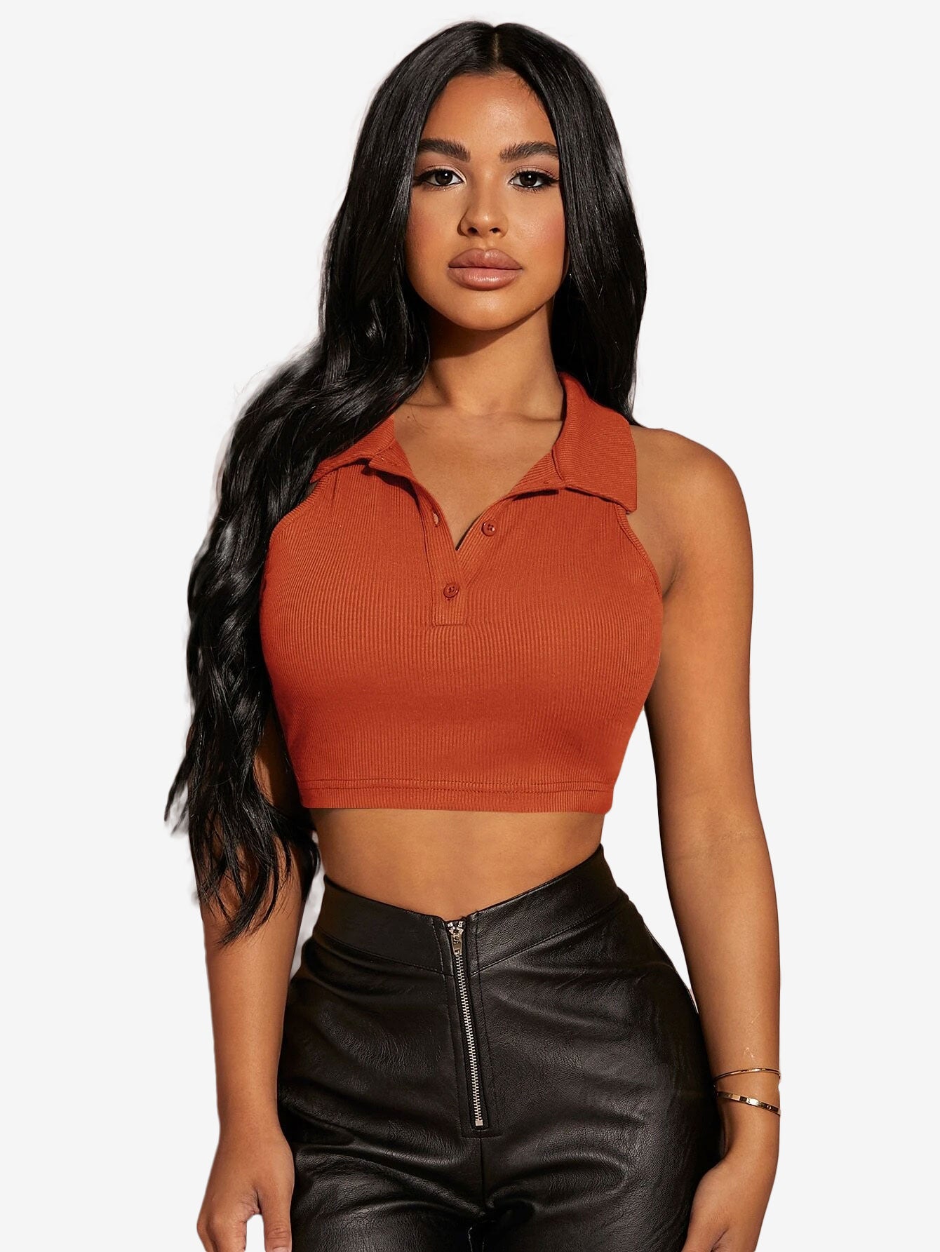 Button Half Placket Ribbed Tank Top