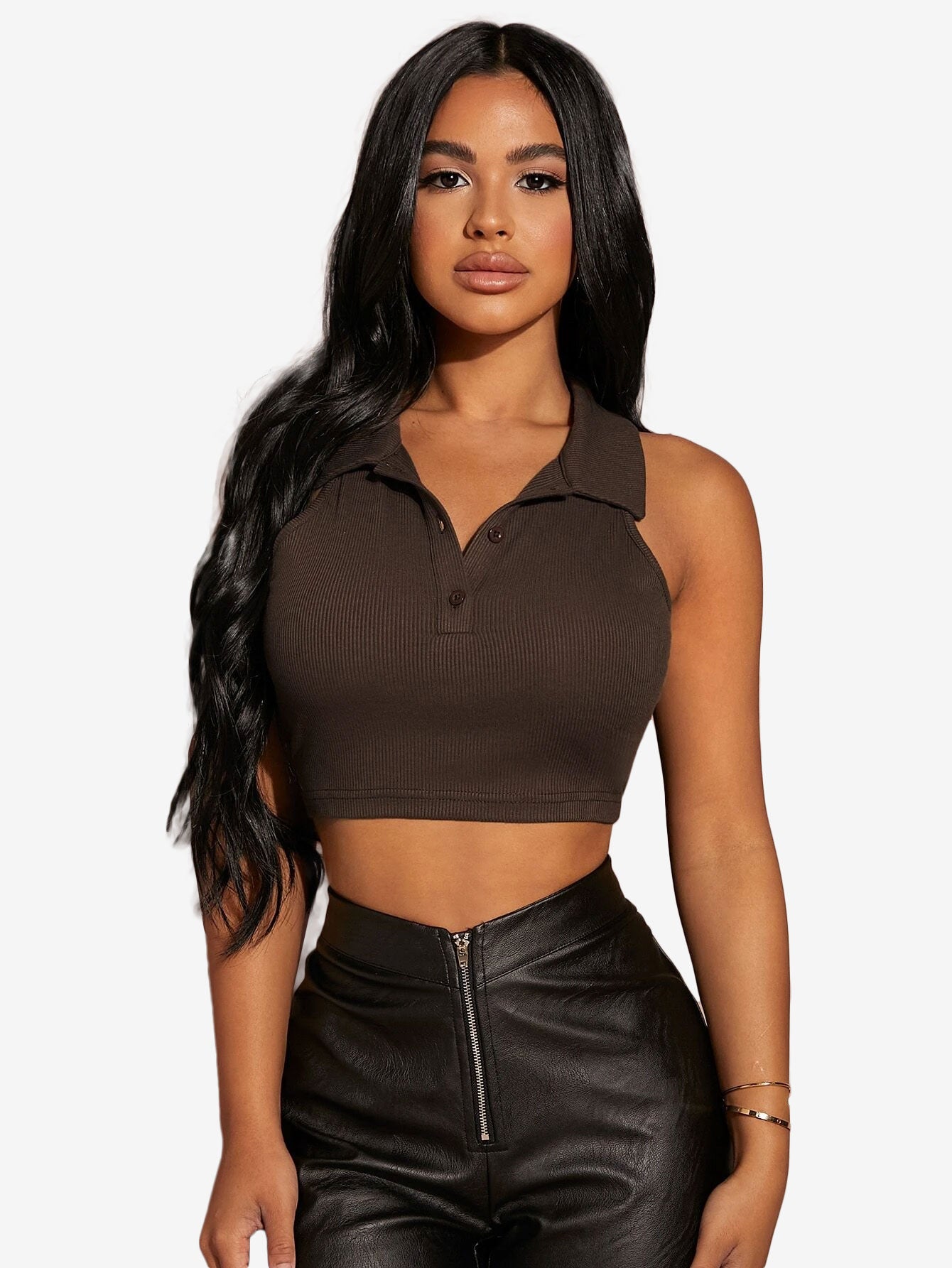 Button Half Placket Ribbed Tank Top