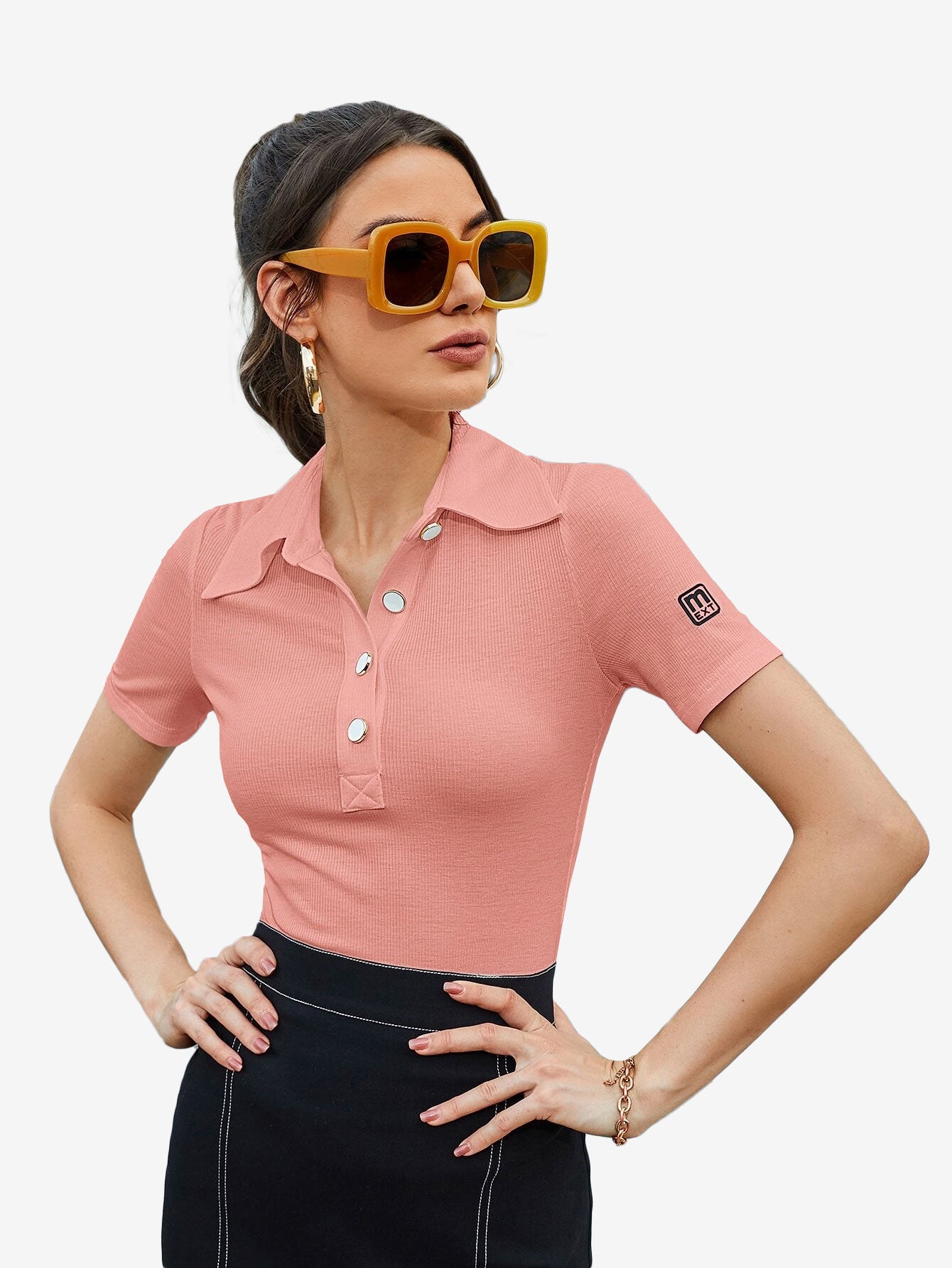 Basic Patched Detail Half Button Tee