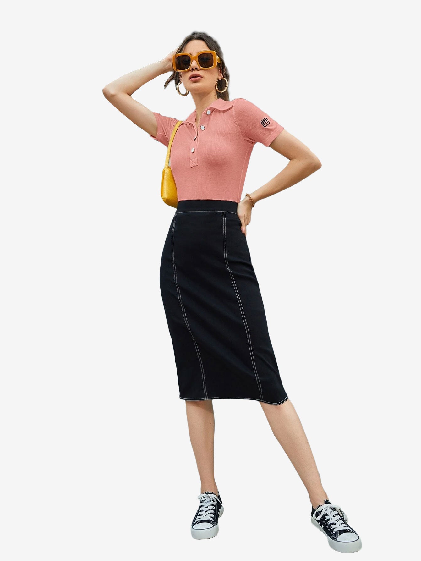 Basic Patched Detail Half Button Tee