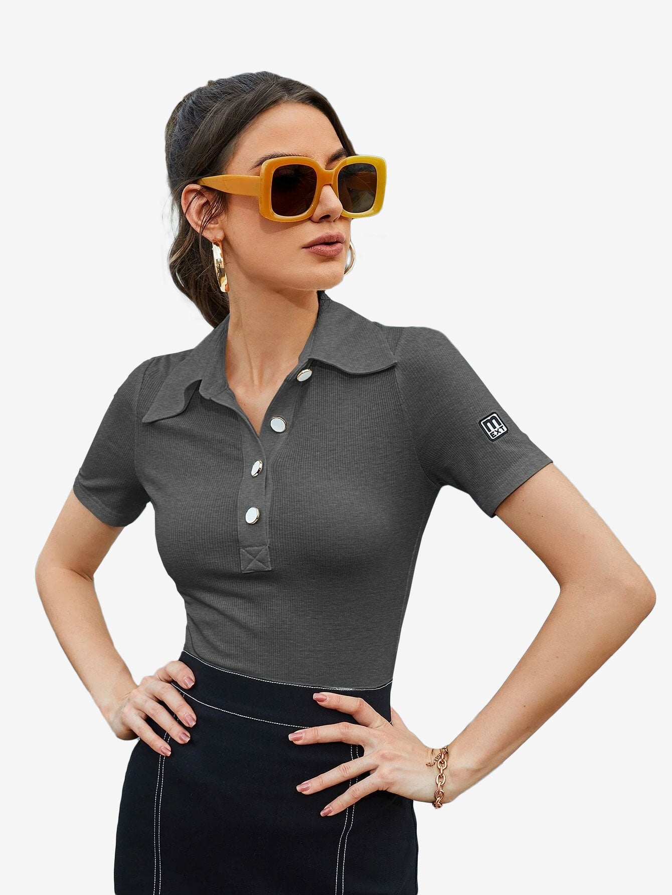 Basic Patched Detail Half Button Tee