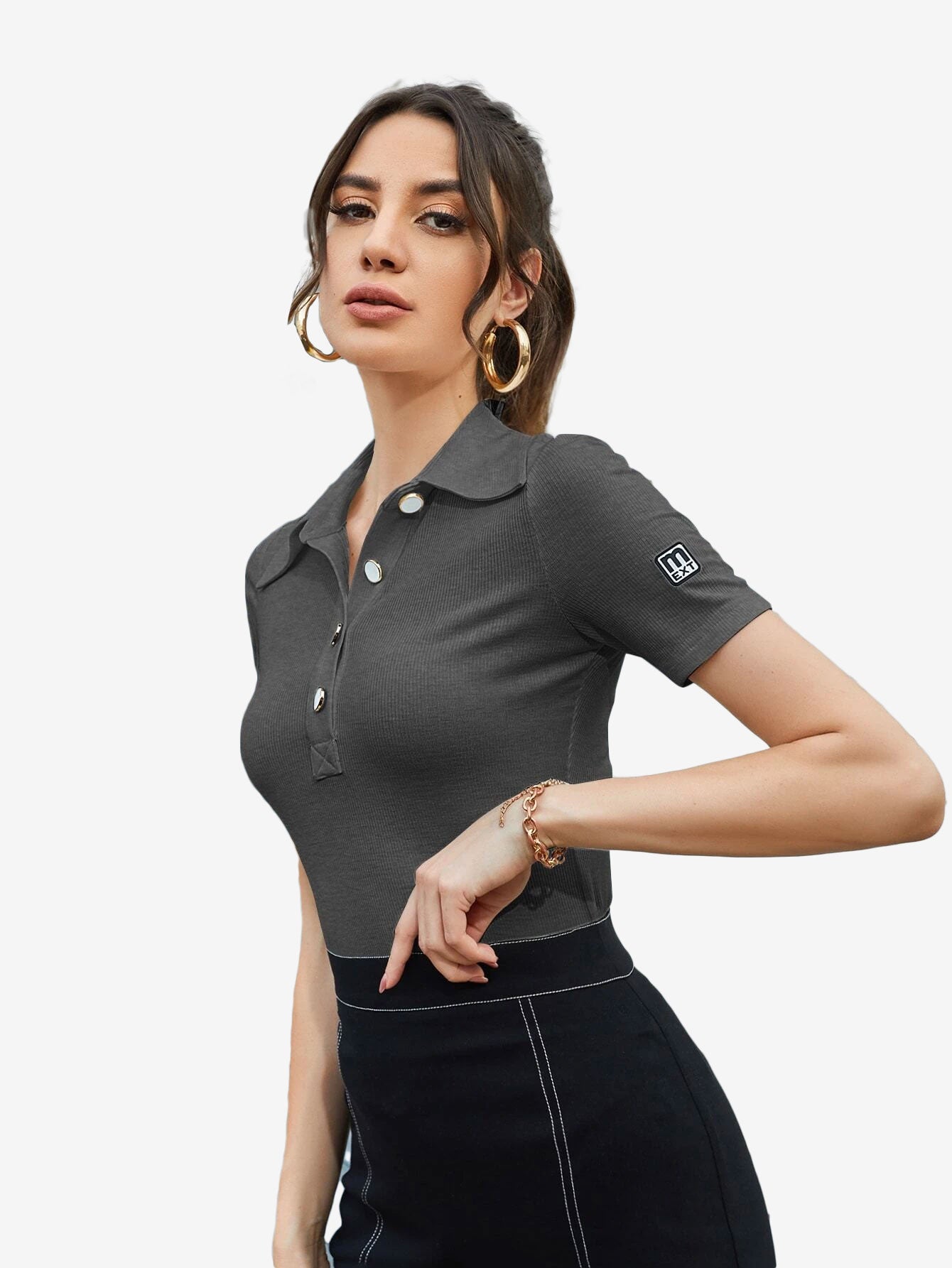 Basic Patched Detail Half Button Tee