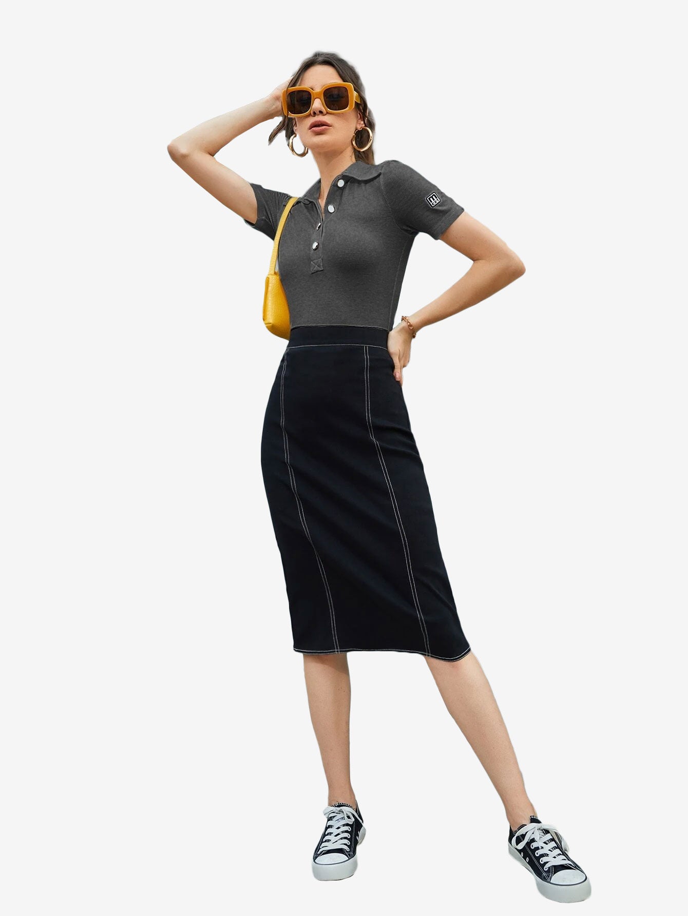 Basic Patched Detail Half Button Tee