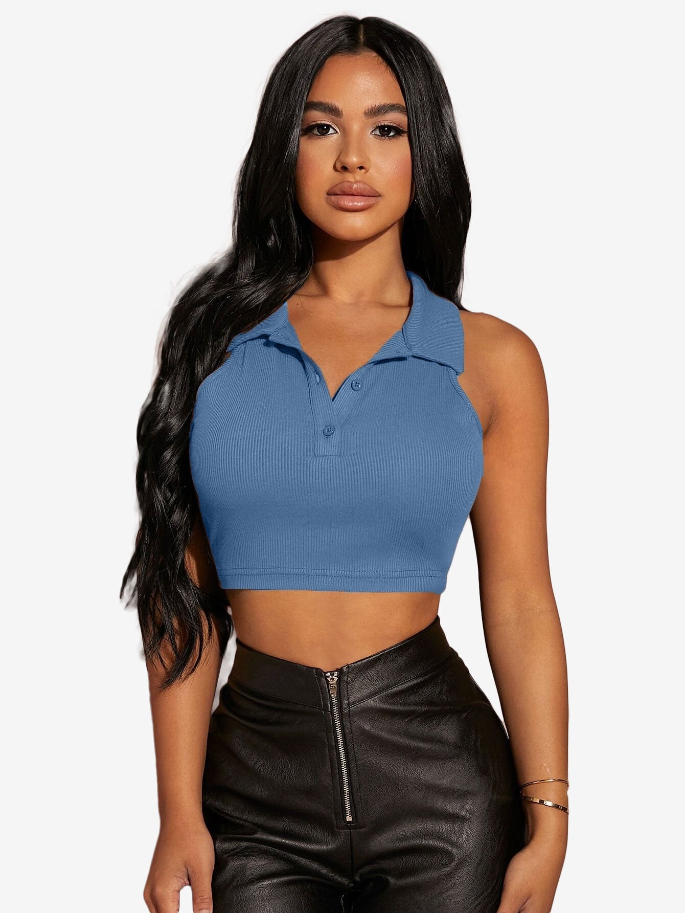 Button Half Placket Ribbed Tank Top