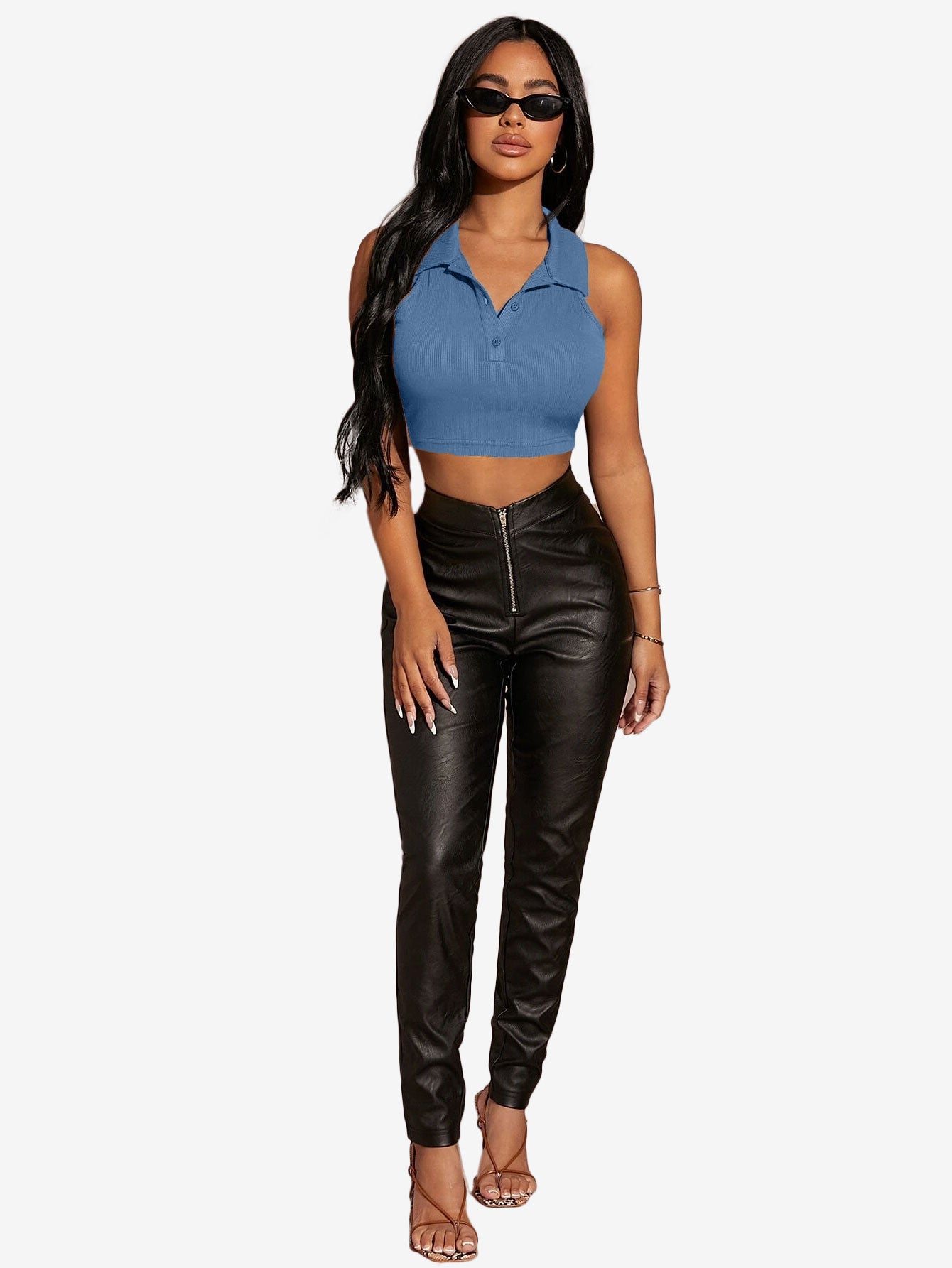 Button Half Placket Ribbed Tank Top