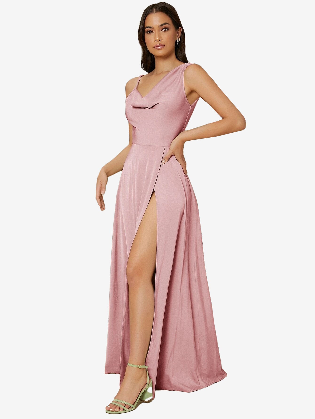 Draped Neck Split Thigh Dress