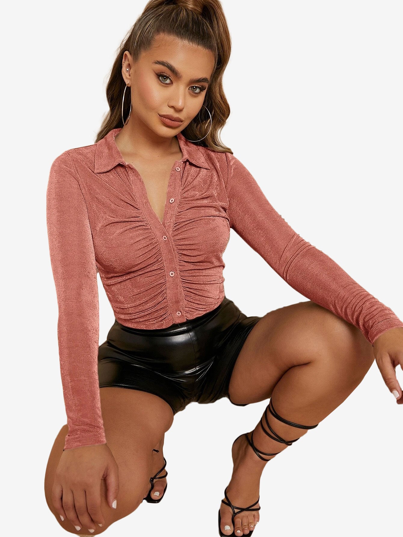 Arouse Single Breasted Ruched Front Glitter Tee