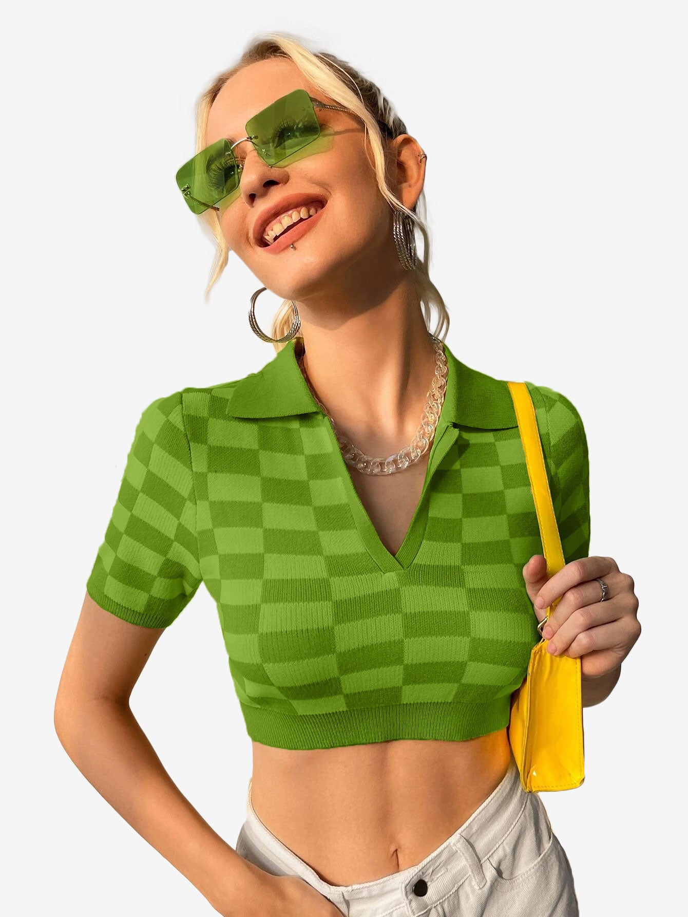 Color Block Knitted Polo Top Plaid