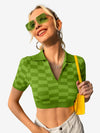 Color Block Knitted Polo Top Plaid