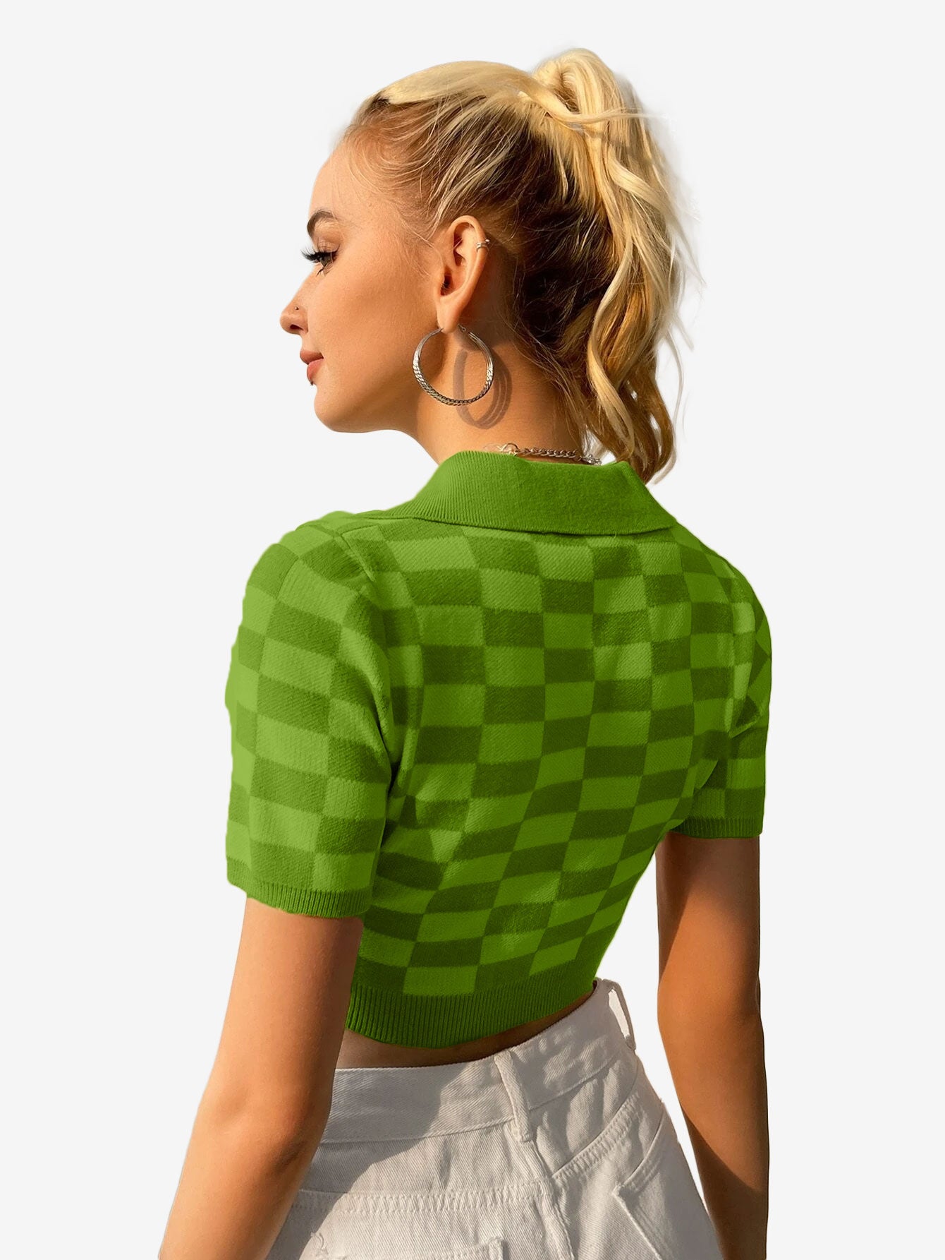 Color Block Knitted Polo Top Plaid