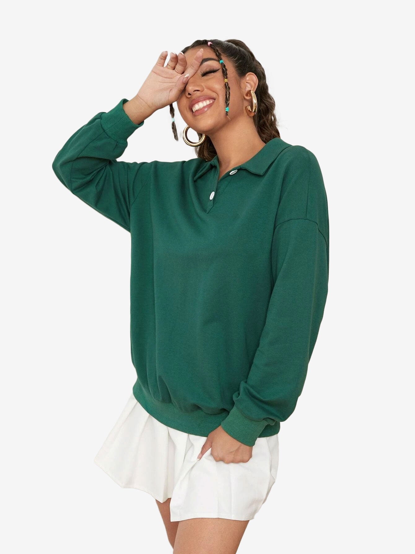 Collar Sweatshirt Long Sleeve Polo Two Buttons