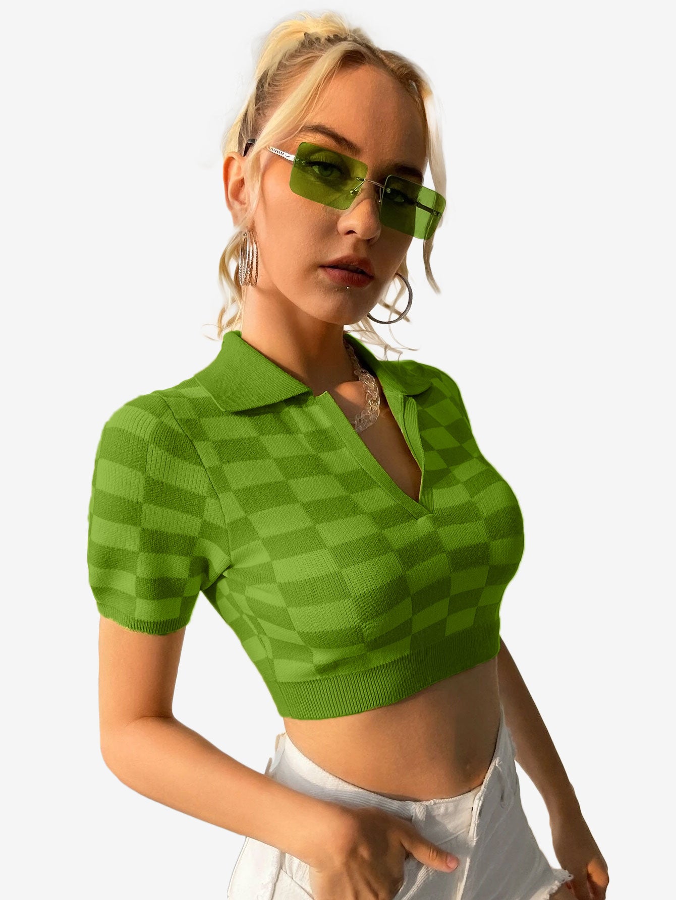 Color Block Knitted Polo Top Plaid