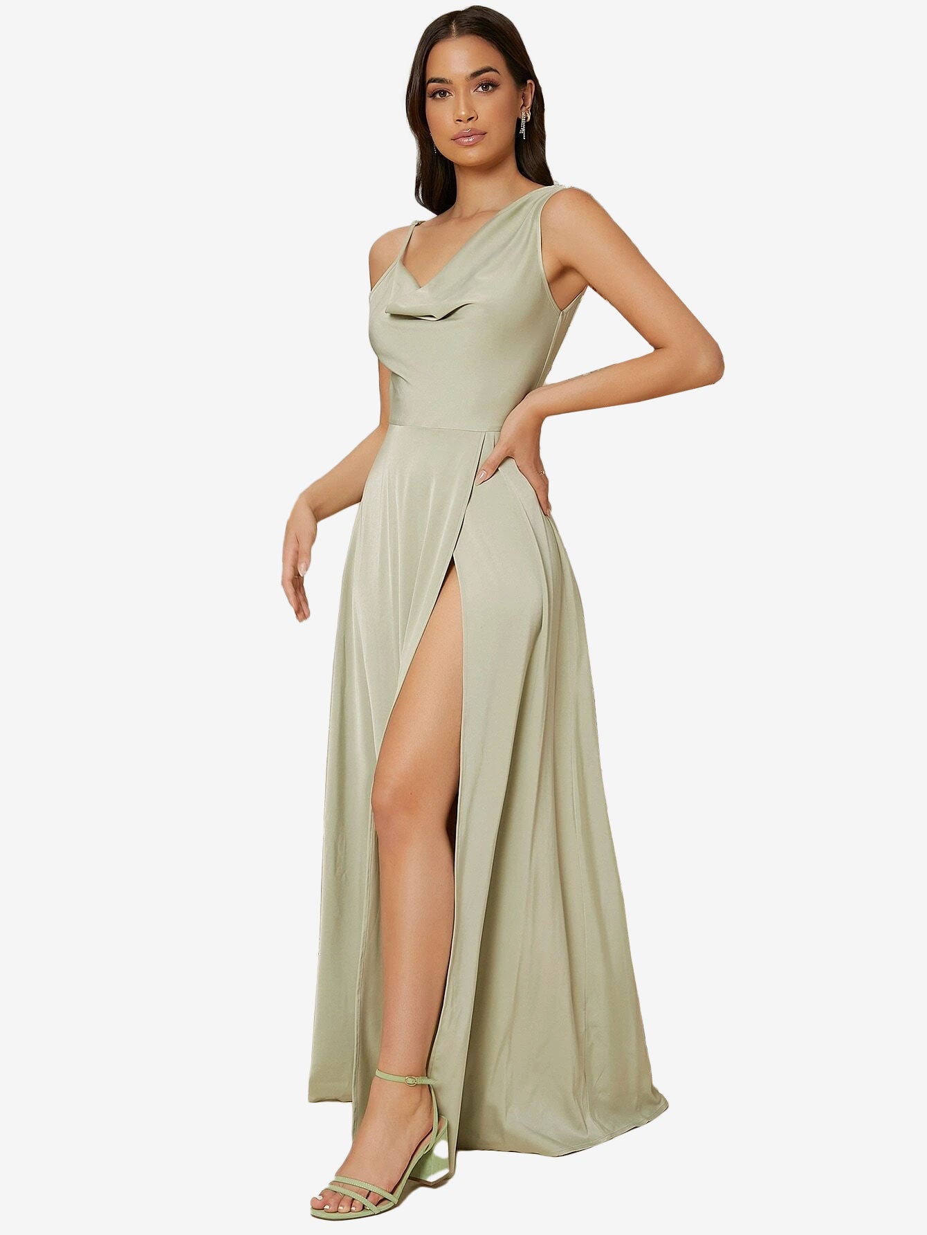 Draped Neck Split Thigh Dress