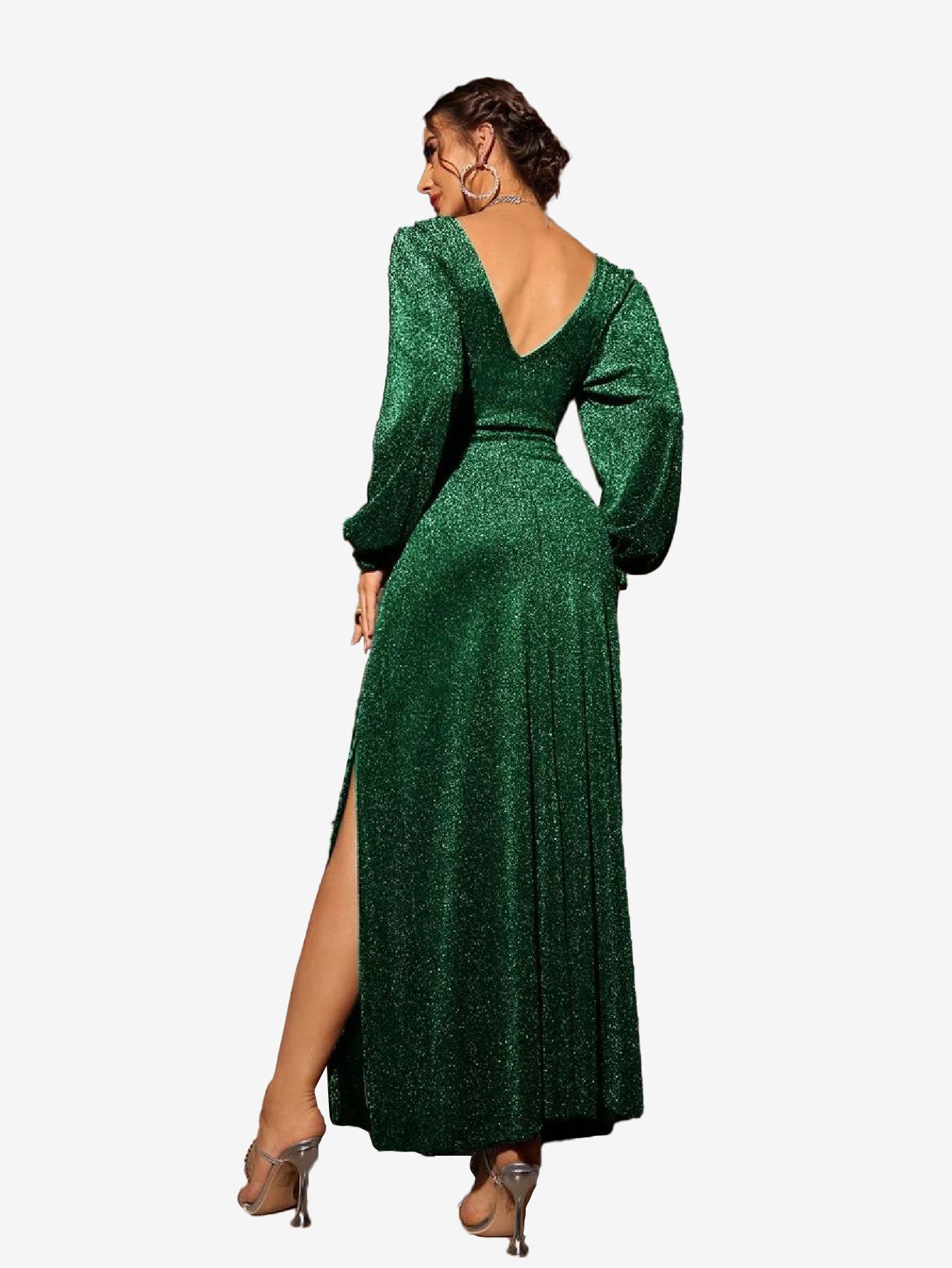 Fascinated Neck Sleeve Split Thigh Glitter Dress