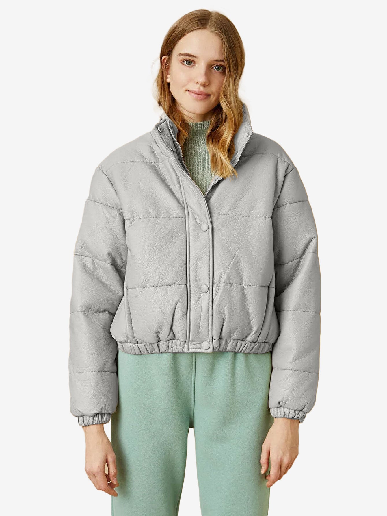 Cozy Zip Up Faux Leather Puffer Jacket