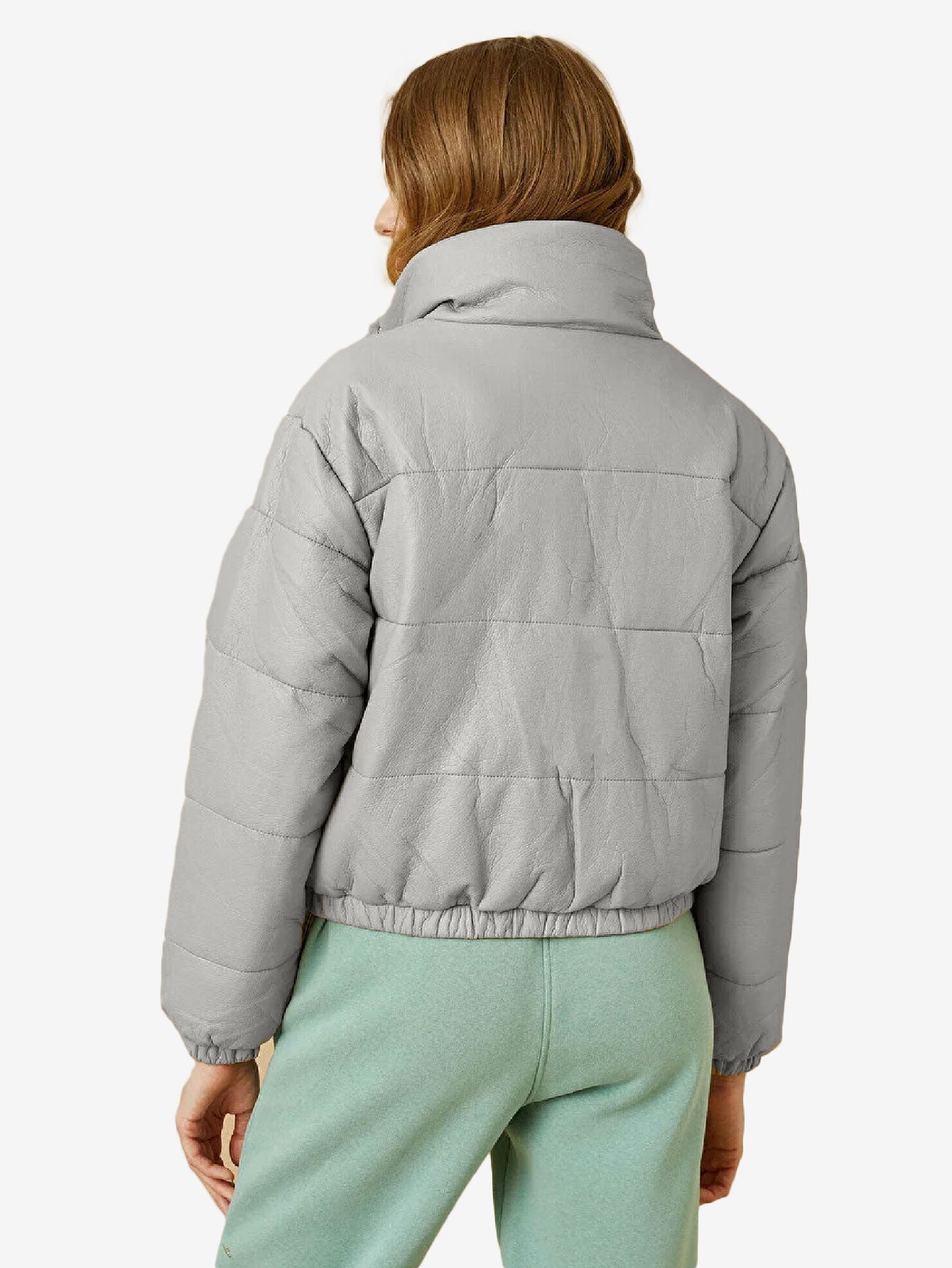 Cozy Zip Up Faux Leather Puffer Jacket