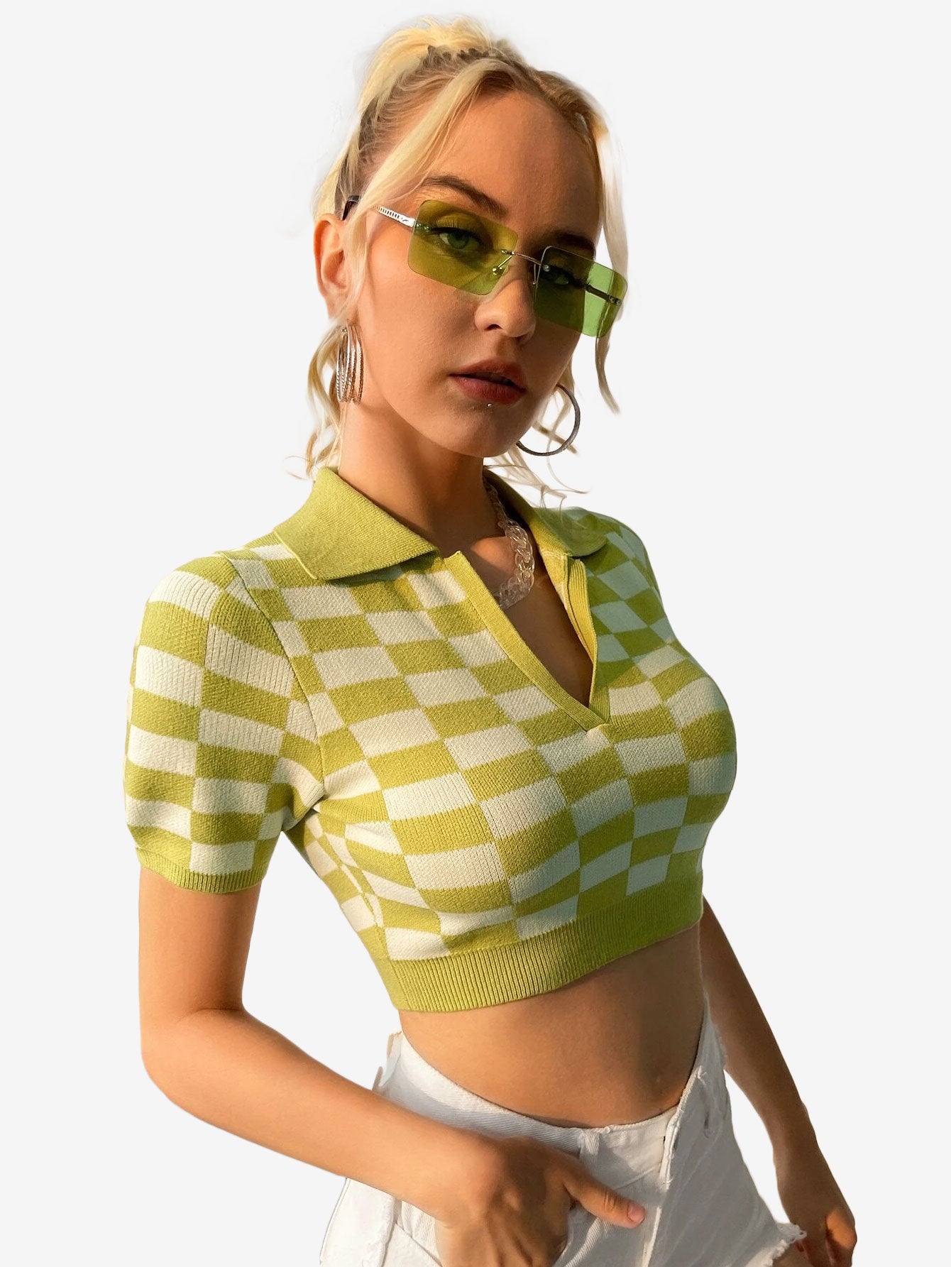 Color Block Knitted Polo Top Plaid