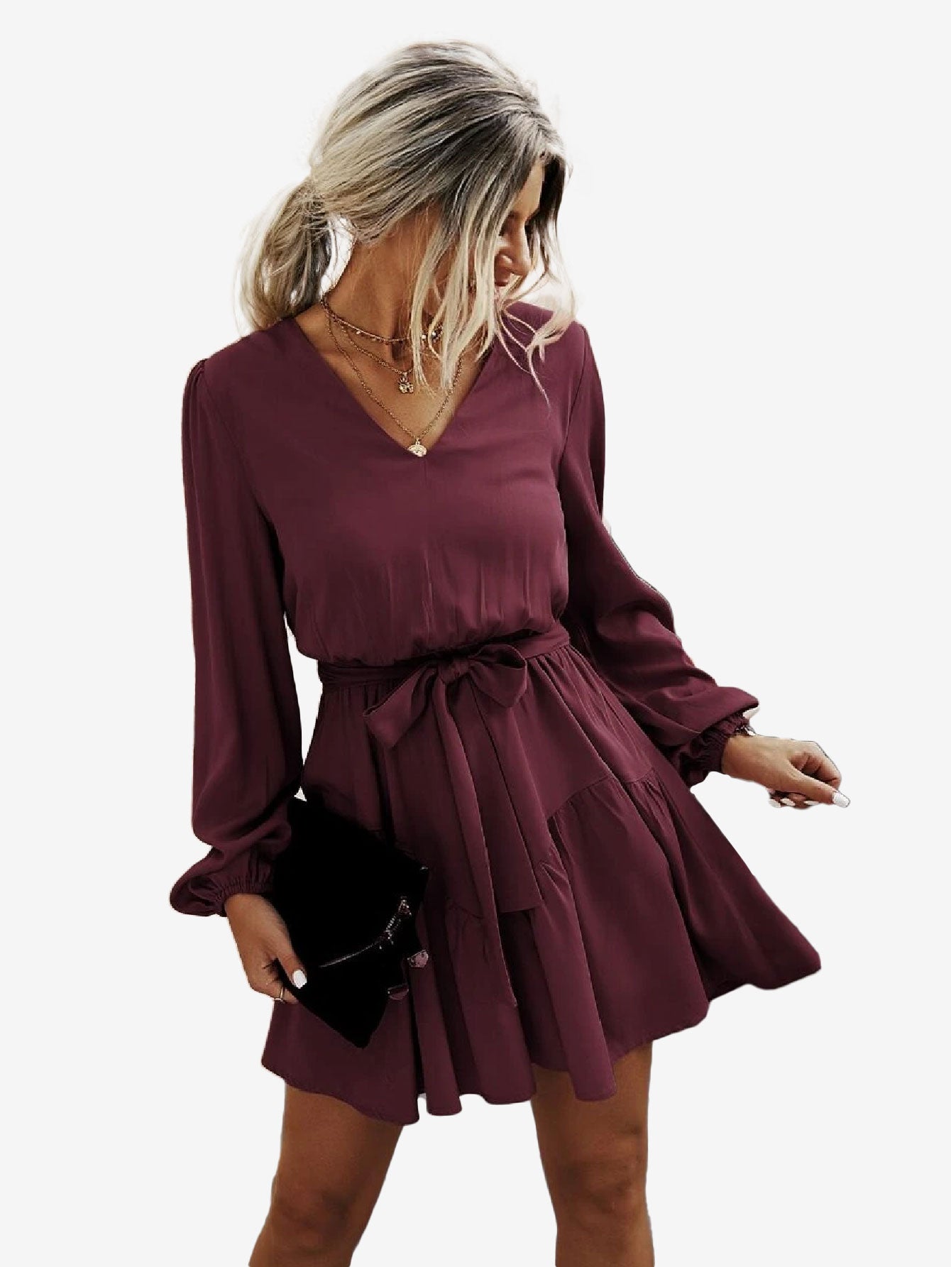 Charming V-Neck Lantern Sleeve Belted Dress