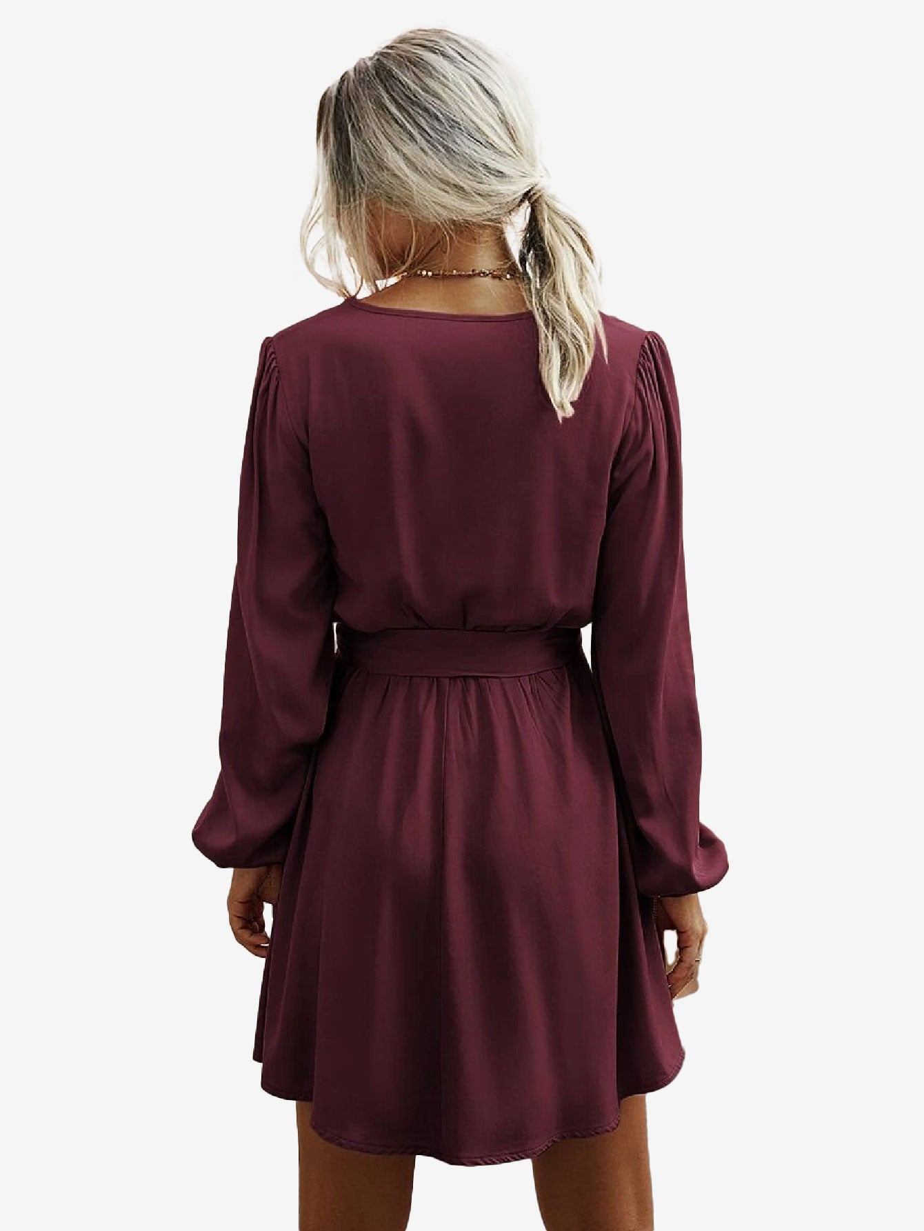 Charming V-Neck Lantern Sleeve Belted Dress